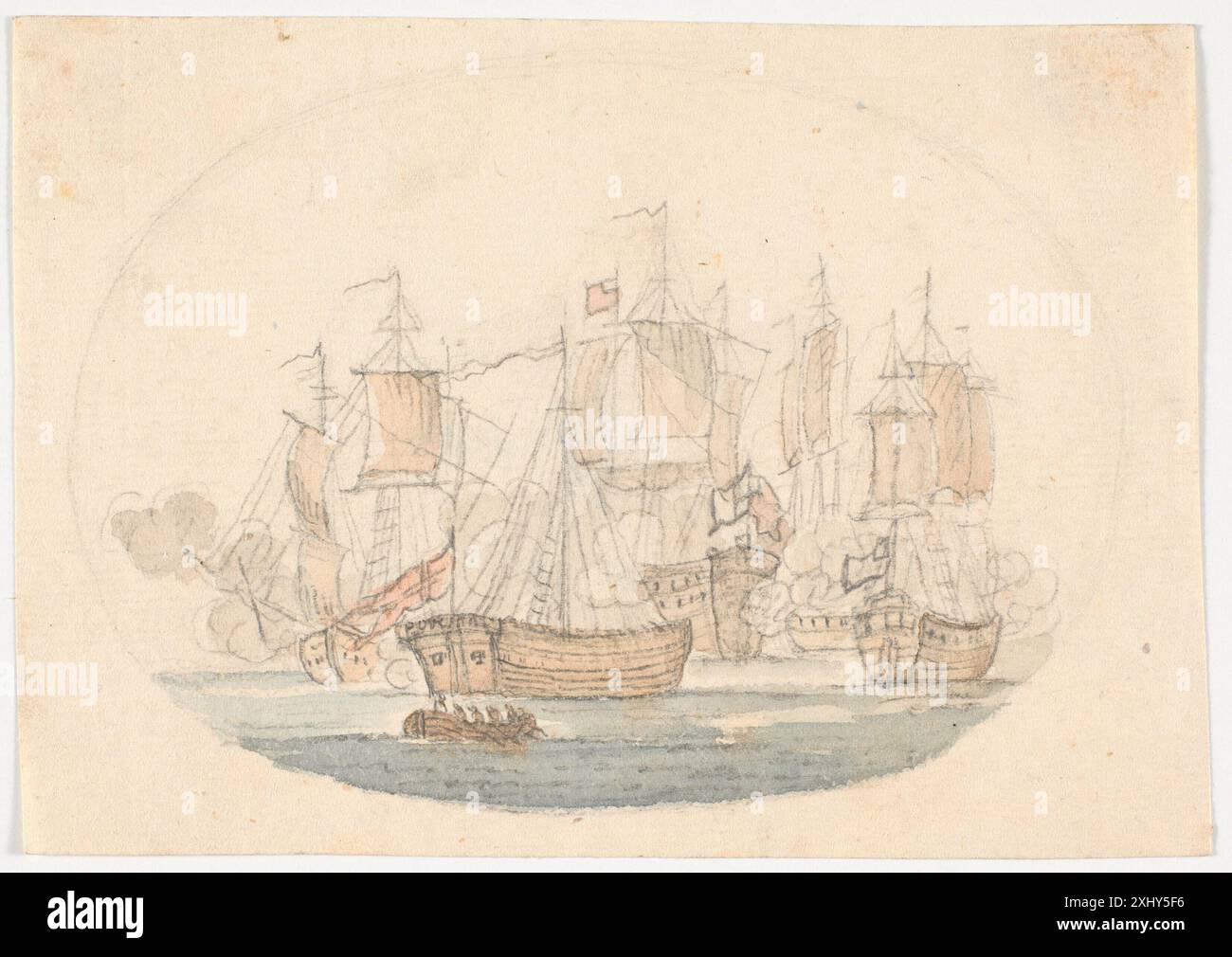 Dessin de C.A. Lorentzen représentant une bataille navale, montrant des navires de guerre, des canons, de la fumée et des conditions de mer avec une composition maritime réaliste. Banque D'Images