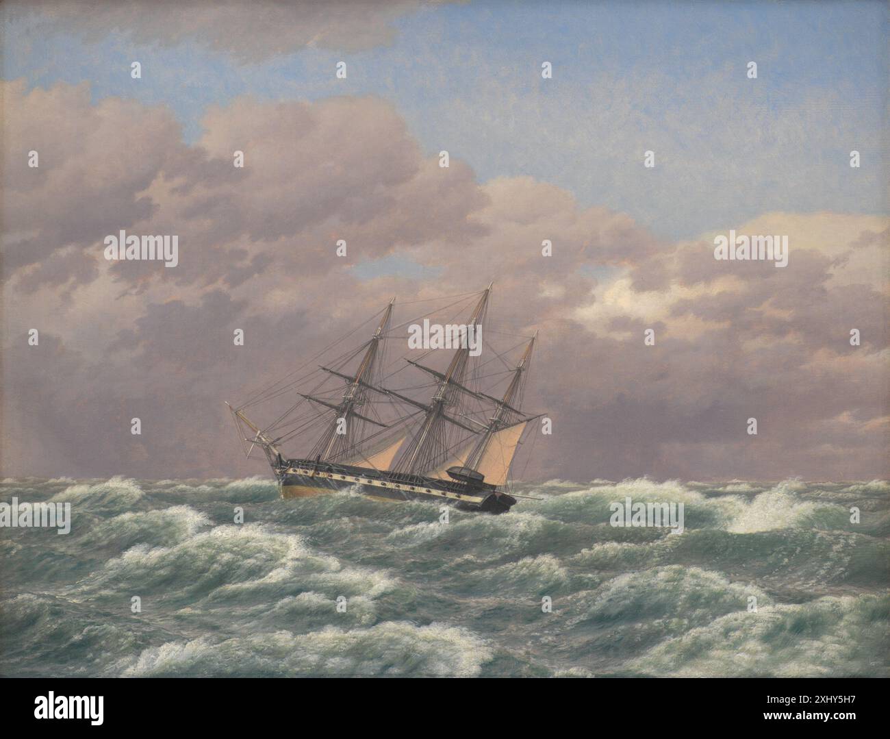 Une peinture de C.W. Eckersberg représentant la corvette Galathea prise dans une tempête en mer du Nord. L’œuvre montre des vagues turbulentes, le gréement et la réponse du navire aux conditions météorologiques difficiles, reflétant les conditions maritimes danoises au XIXe siècle. Banque D'Images