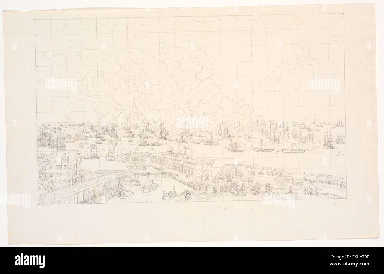 Un dessin de J.F. Clemens représentant la bataille navale de Rheden le 2 avril 1801, montrant des navires, des manœuvres navales et des détails militaires historiques dans un arrangement de composition. Banque D'Images