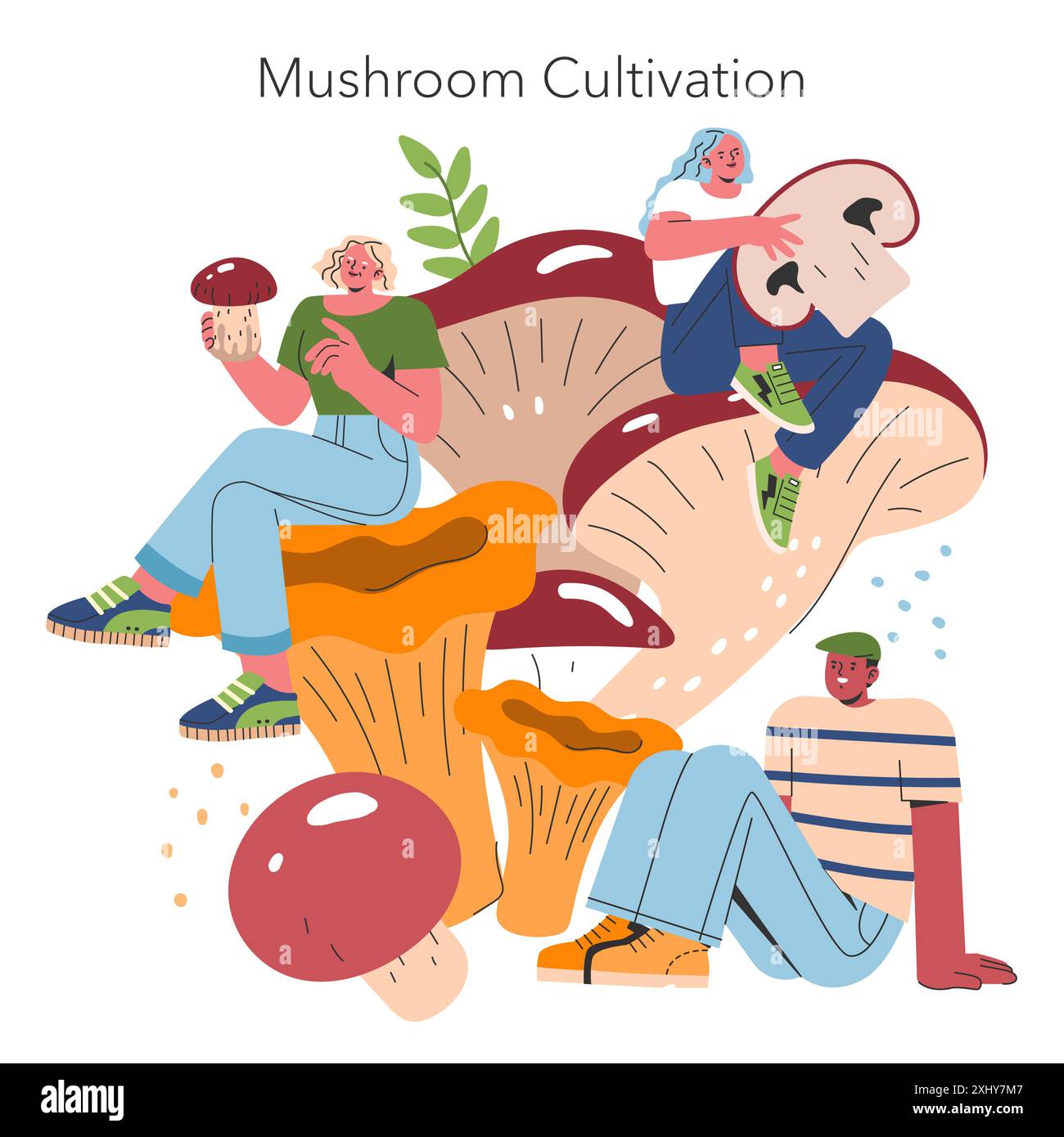 Concept de culture de champignons. Les gens qui s'engagent avec des champignons surdimensionnés, représentant la croissance et l'élevage de champignons. Activité agricole éducative, agriculture durable. Illustration vectorielle. Illustration de Vecteur