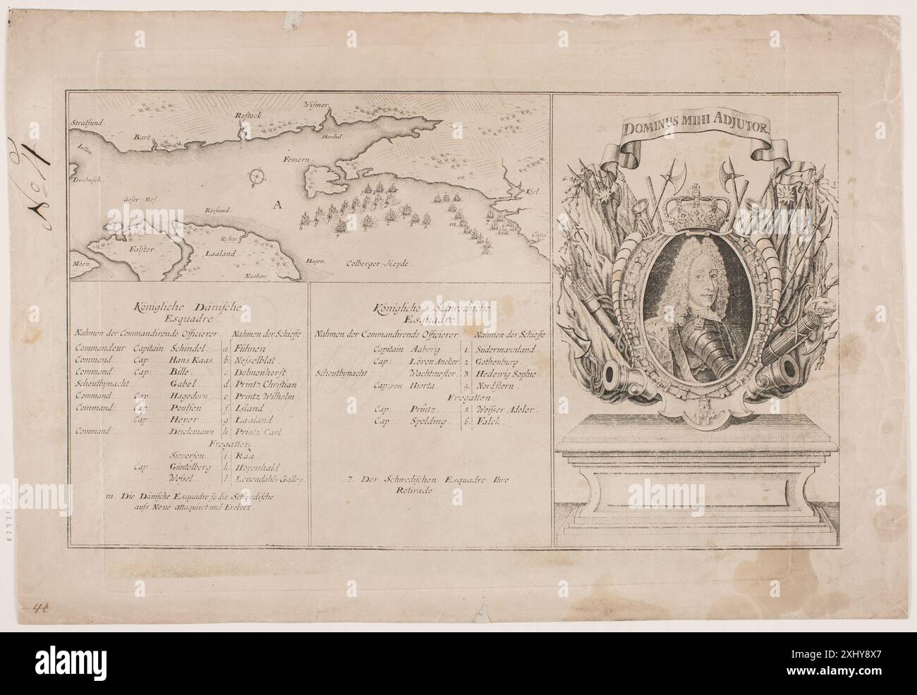 Gravure représentant des navires danois attaquant des navires suédois à Kolberger Heide en 1715, montrant des navires de guerre, des canons et des formations navales. Banque D'Images