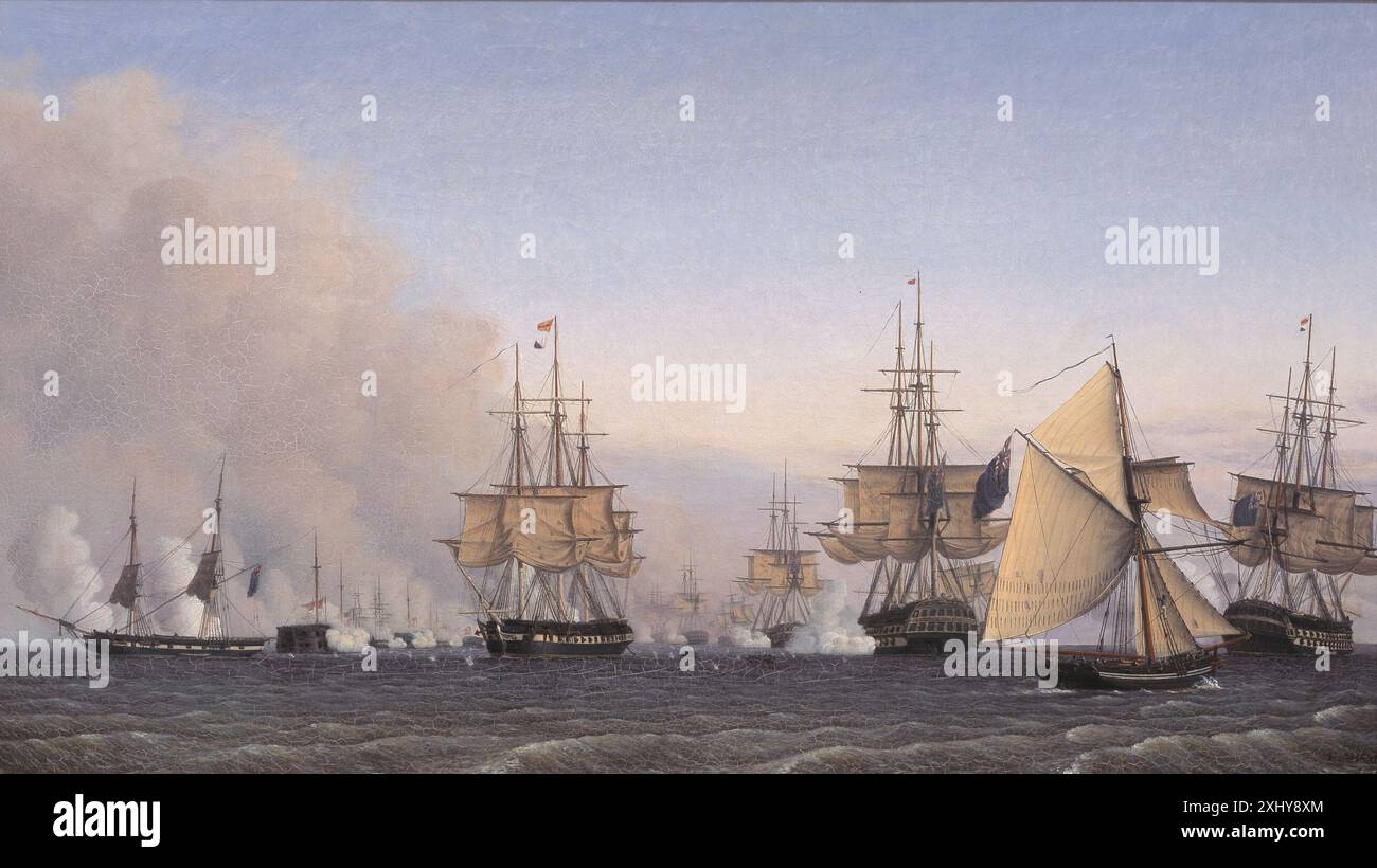 Emil Normann (1798-1881) peint la bataille de Rhed le 2 avril 1801, montrant des navires, des combats, des marins, fumée, et mouvement lors d'un engagement naval au Danemark. Banque D'Images