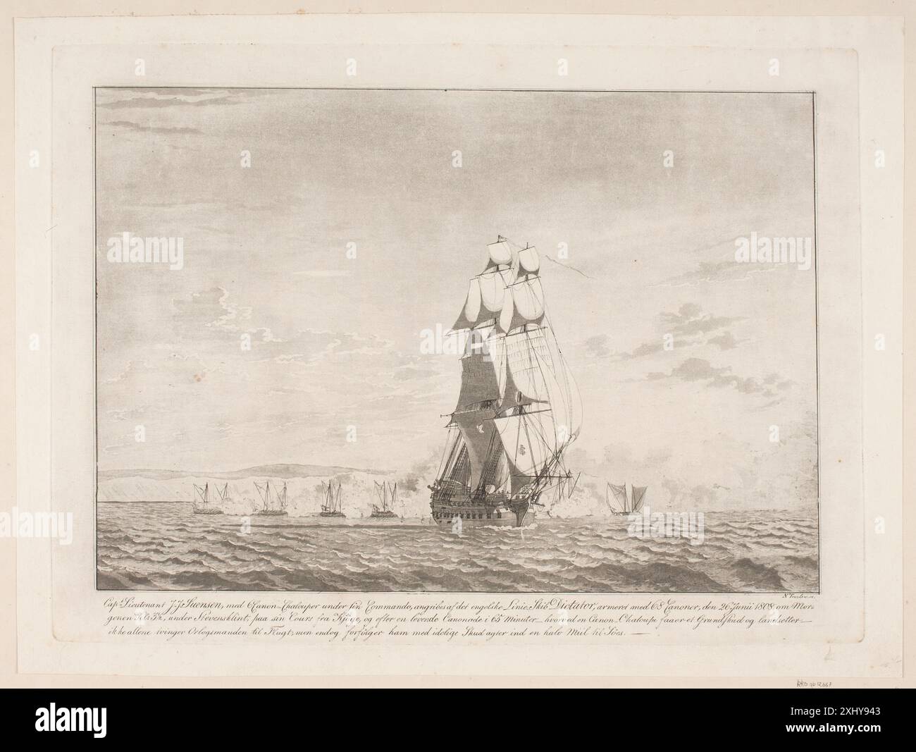 Un aquatinte de Niels Truslew et C.W. Eckersberg représentant un engagement naval entre six canonnières danoises et le navire de ligne anglais Dictator le 26 juin 1808, montrant des navires, des canons et une action maritime. Banque D'Images