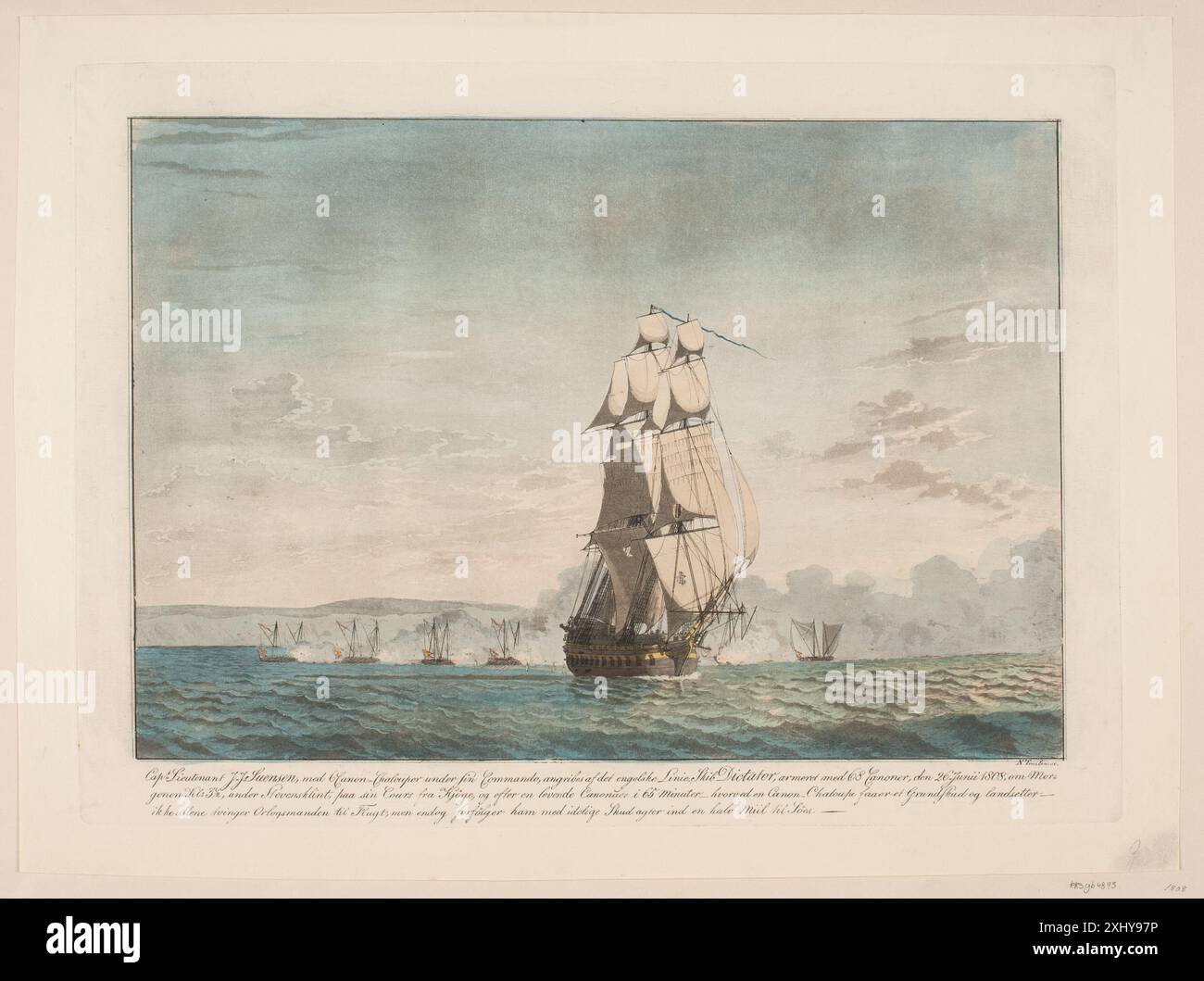 Un aquatinte de Niels Truslew représentant un engagement naval entre six canonnières danoises et le navire de ligne anglais Dictator, montrant les navires, l'eau et l'action en mer. Banque D'Images