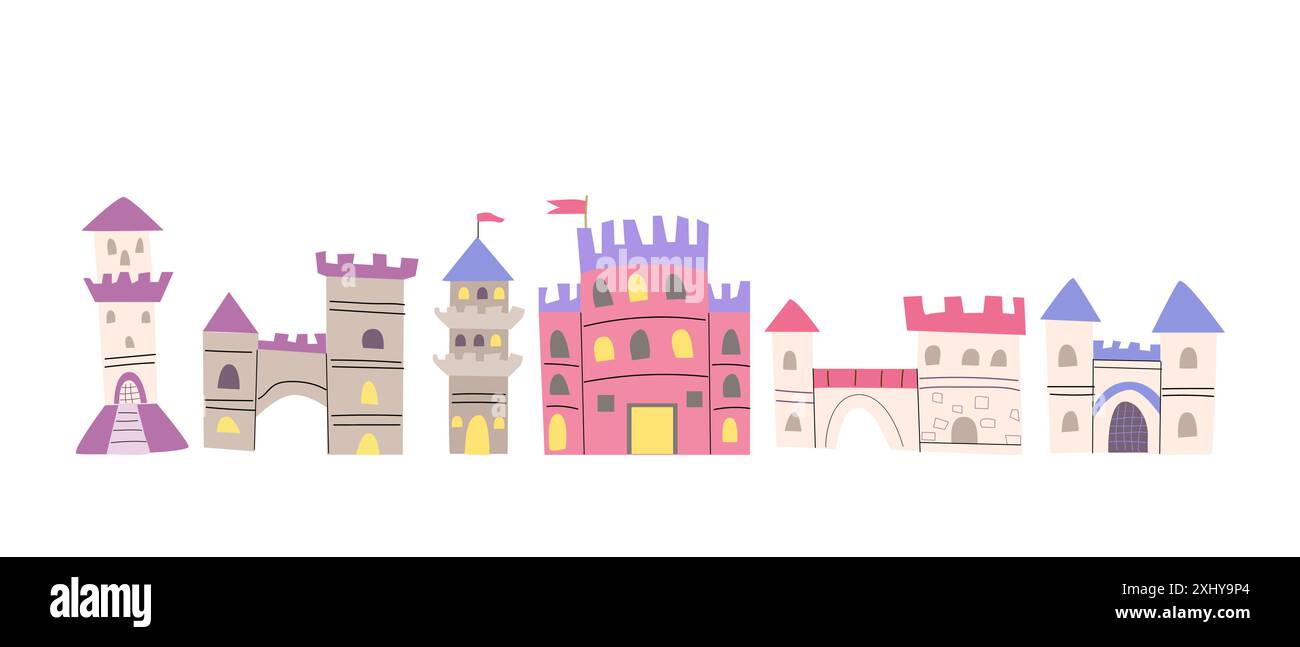 maison de fées ou pack de château. Ensemble d'éléments magiques pour enfants pour livre de coloriage, conception de couverture. Illustration de Vecteur