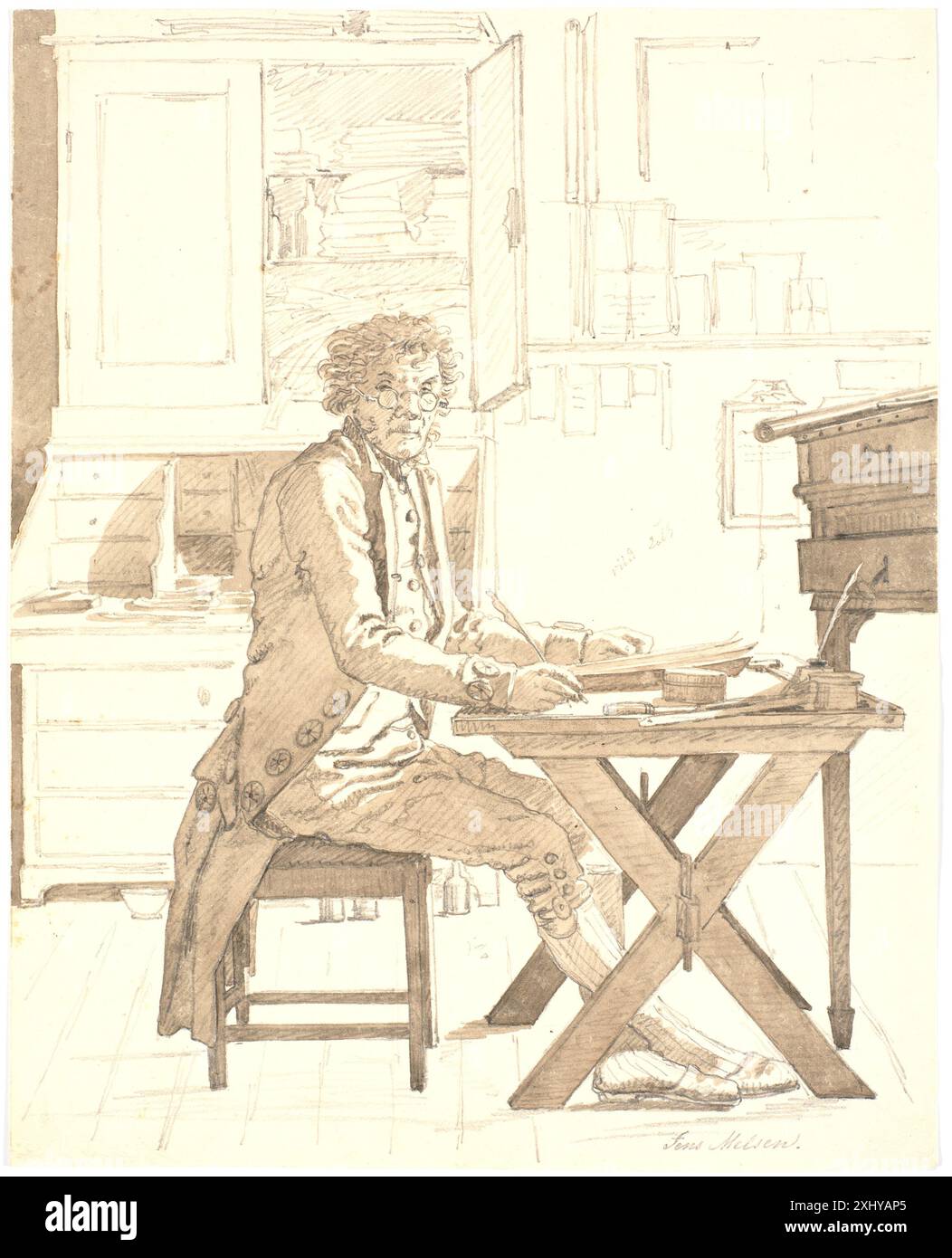 Dessin de Martinus Rørbye représentant l'imprimeur Jens Melsen, montrant sa silhouette, son espace de travail et ses outils d'impression. Banque D'Images