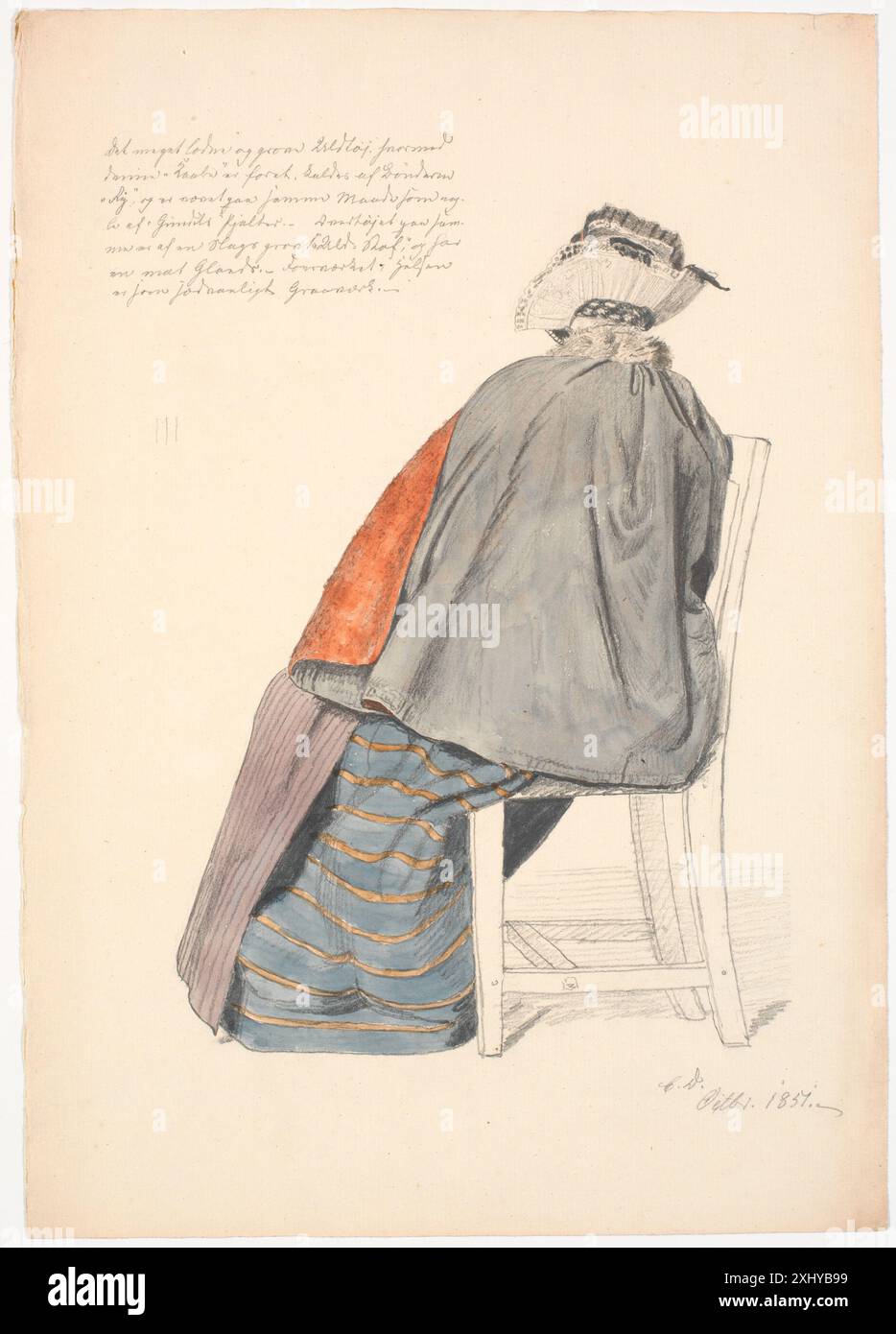 Dessin de Christen Dalsgaard montrant une femme assise vue de dos, réalisé entre 1824 et 1907. Banque D'Images