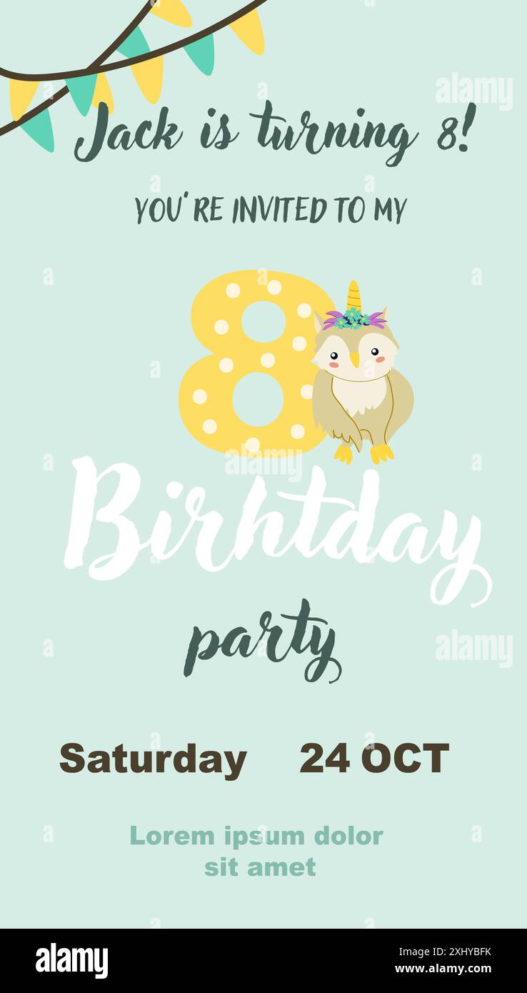 Carte d'invitation magique pour enfants avec animal de fée. Conception d'éléments de monde fantastique. Modèle pour fête d'anniversaire magique avec licorne ou animal mignon avec h. Illustration de Vecteur