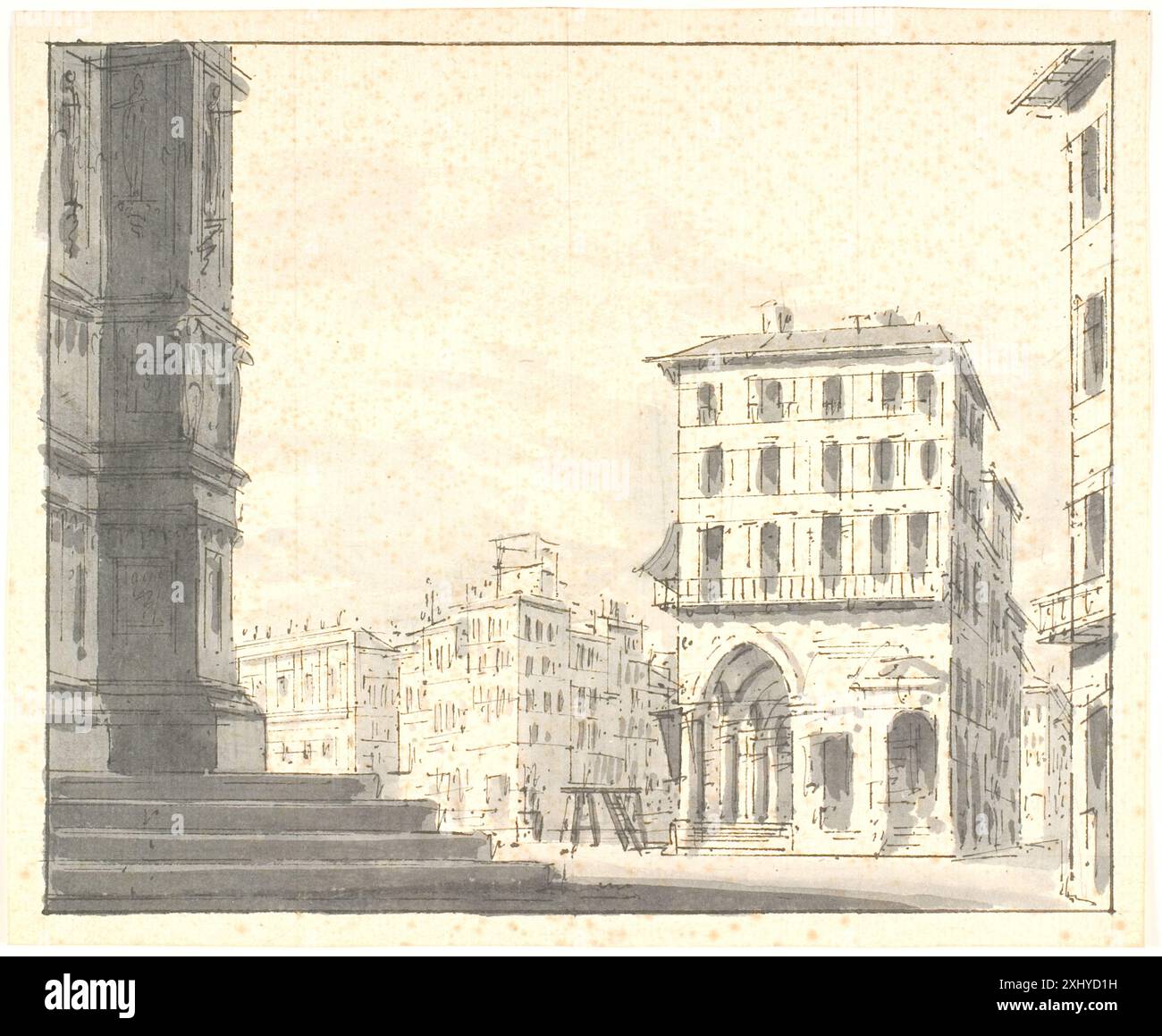 Dessin représentant un paysage urbain avec un petit palais et, peut-être, un escalier menant à une église, par Aron Wallick, 1779-1845. Banque D'Images