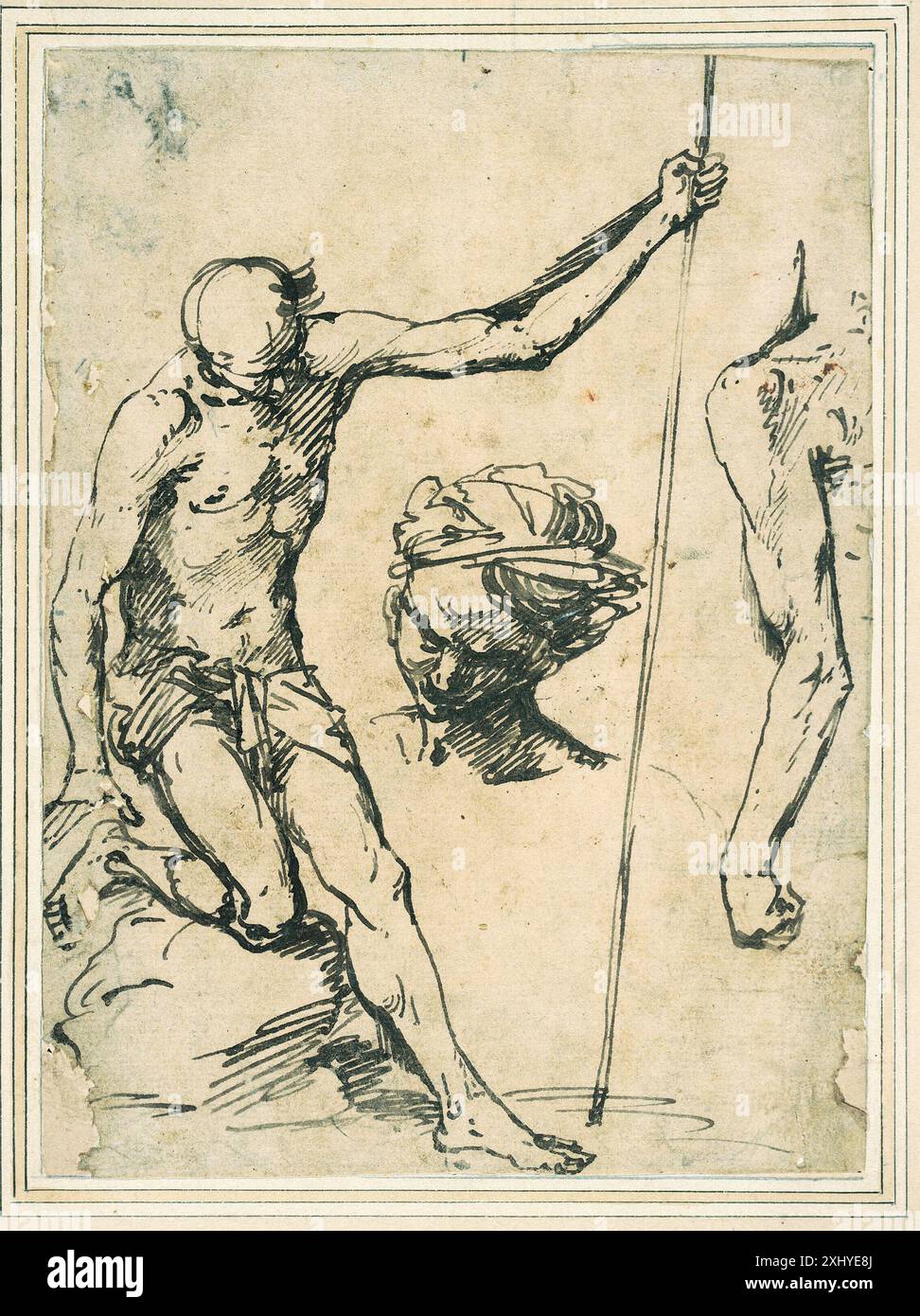 Figures Studies : homme tenant un poteau, tête d'homme avec un turban, et un bras gauche vu de derrière Ribera, Giuseppe 1591 - 1652 dessinant des dessins napolitains. Dessins italiens au Département des estampes et dessins, Statens Museum for Kunst, Chris Fischer, NR. 14, 2006. Barok. 1600-tallets Kunst i SMK's Samlinger, Eva de la Fuente Pedersen, afb. p. 86, omt. p. 89, katalog p. 212, 2023. Ritorno al barocco : da Caravaggio a Vanvitelli, Ubekendt, Cat. nr. 3,17, afb. og omtl. P. 62, C 44877 du 2009. Caravaggios Erben, Peter Forster, Kat. 72, afb. P. 323 études de figures : homme tenant un poteau, tête d'homme Banque D'Images