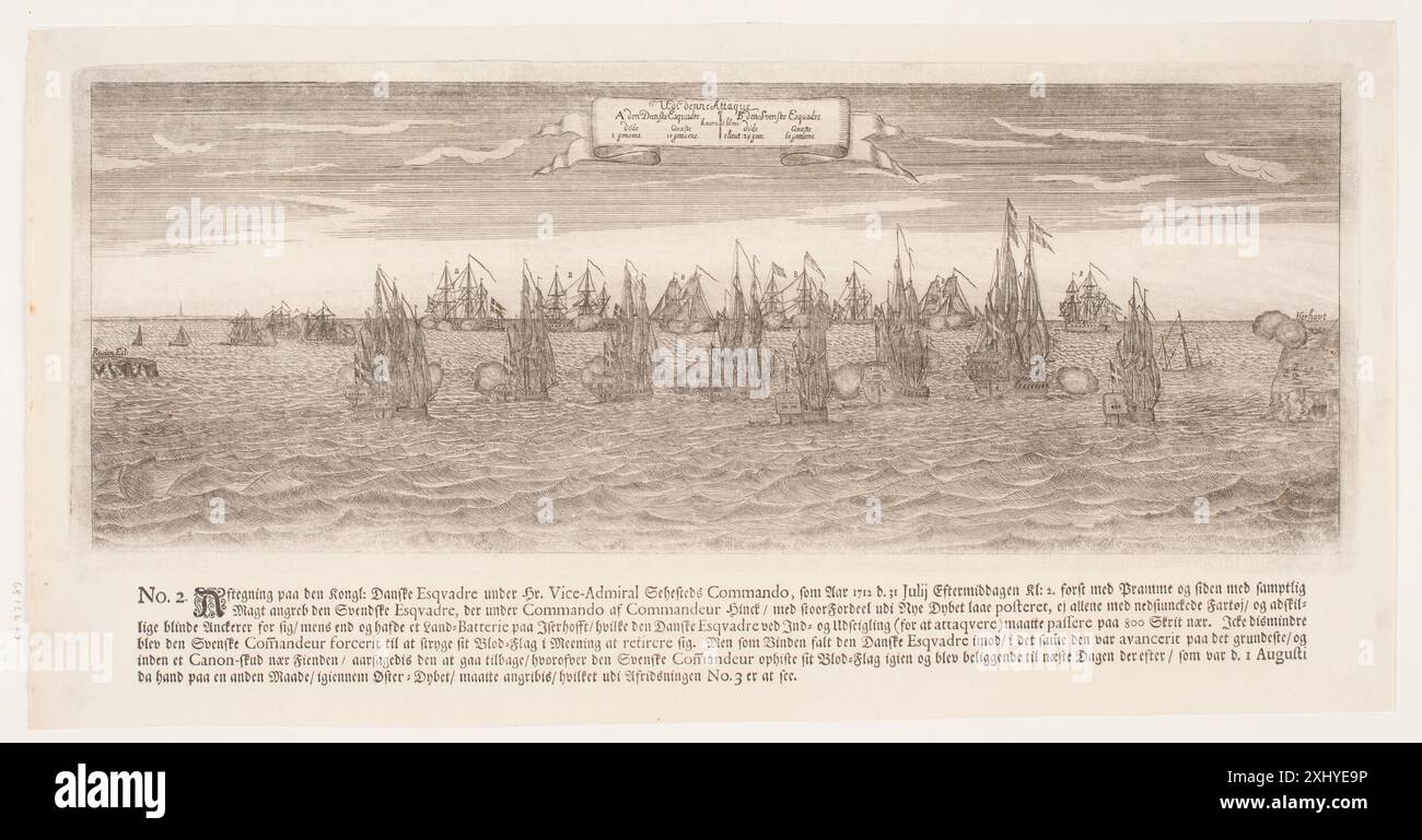 Gravure représentant l'engagement de la marine danoise avec les forces suédoises à Gripswald le 21 juillet 1716, montrant des navires, des marins et des combats navals. Banque D'Images