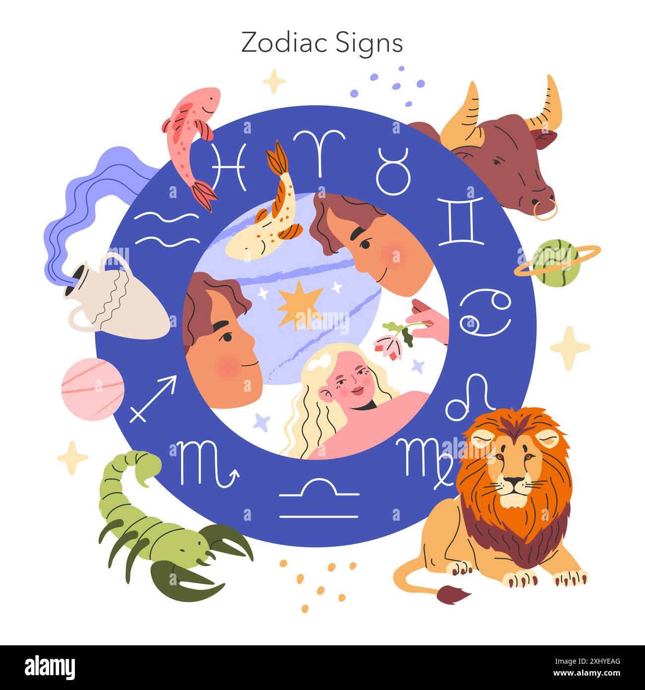 Concept des signes du zodiaque. Une représentation circulaire colorée des symboles astrologiques et des illustrations de leurs caractéristiques associées. Eléments célestes et mythiques. Illustration vectorielle. Illustration de Vecteur