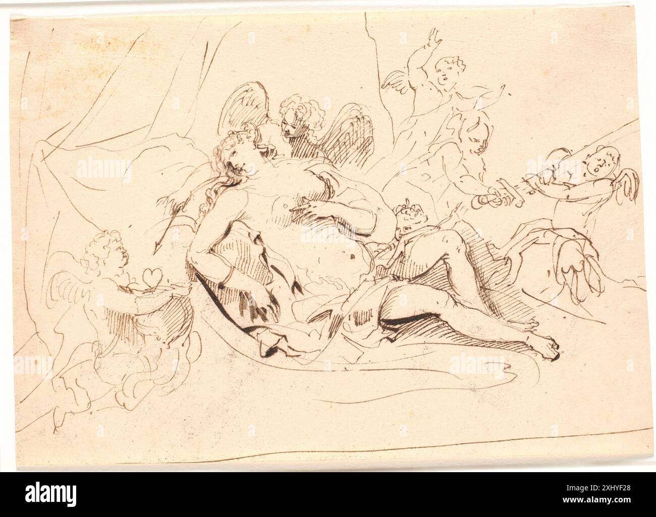 Figurine de Vénus au repos, entourée de six putti jouant avec l'épée, la flèche et le coeur fours, Jürgen 1623 - 1678 dessin dessins de l'école de Rembrandt, Werner Sumowski, p. 4736, afb. p. 4737, 55150, 1979-92. Jürgen fours : sein Leben und Seine Werke, Harry Schmidt, p. 239, NR. 36, fig. 88, 8063, [1922] Hvilende Venusfigur, omgivet af seks putti, der leger Med sværd, pil og hjerte Banque D'Images