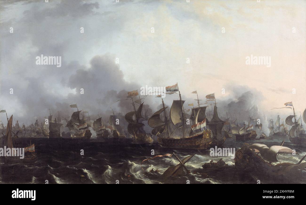 Une peinture marine de Ludolf Bakhuizen (1630-1707) représentant la bataille navale entre les flottes néerlandaise et anglaise au cours de la bataille des quatre jours de juin 1666, montrant des navires en combat dans un ciel turbulent. Banque D'Images