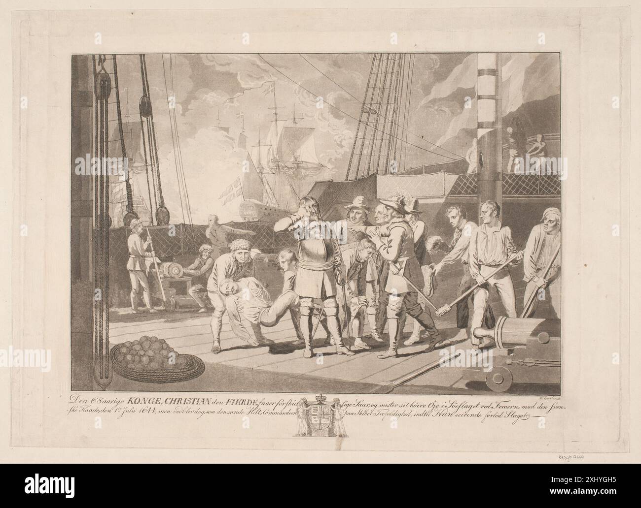 Une aquatinte de Niels Truslew représentant Christian IV pendant la bataille maritime de Fehmarn en 1644, montrant des navires, des actions navales et des paysages côtiers. Banque D'Images