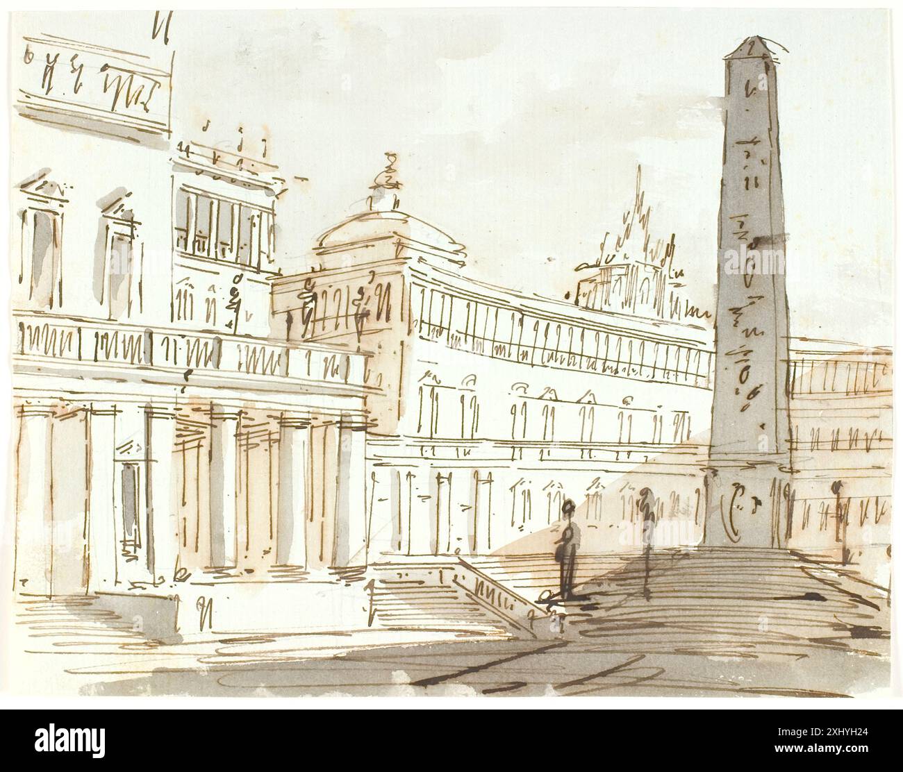 Dessin d'Aron Wallick (1779-1845) montrant une place du palais avec un obélisque central entouré de bâtiments classiques et d'une symétrie architecturale. Banque D'Images