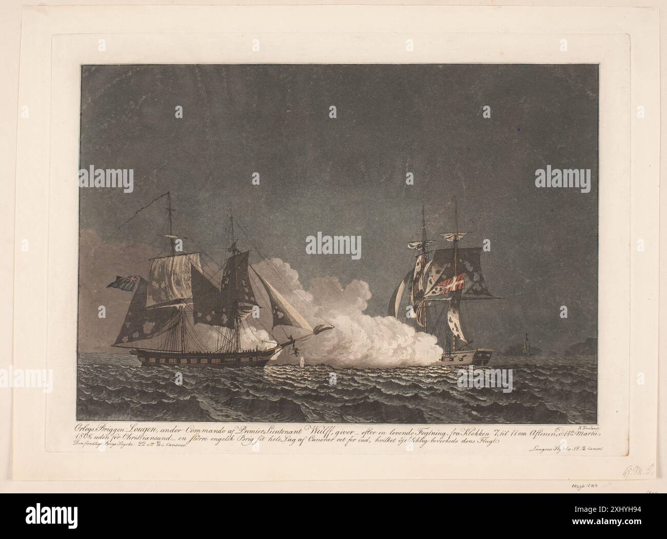 Un aquatinte de Niels Truslew représentant une bataille navale entre le brick danois Lougen et un brick anglais le 14 mars 1808, montrant les navires, l'équipage et l'action de combat dans la gravure maritime du début du XIXe siècle. Banque D'Images