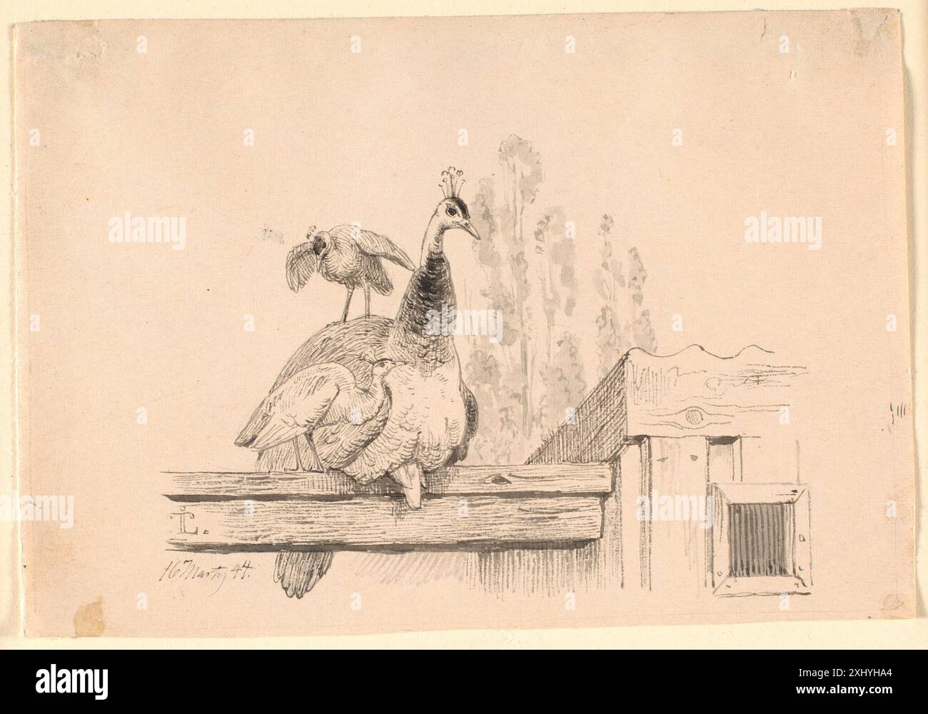 Dessin de Johan Thomas Lundbye montrant une scène représentant une « bonne nuit », avec des figures et un paysage de soirée. Banque D'Images