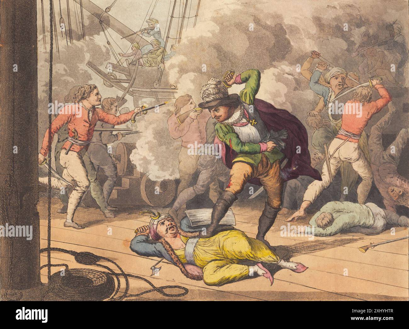 Aquatinte de Niels Truslew représentant Cort Adeler tuant l'amiral turc, montrant des combats navals, des navires, des figures et des armes dans la scène de bataille. Banque D'Images