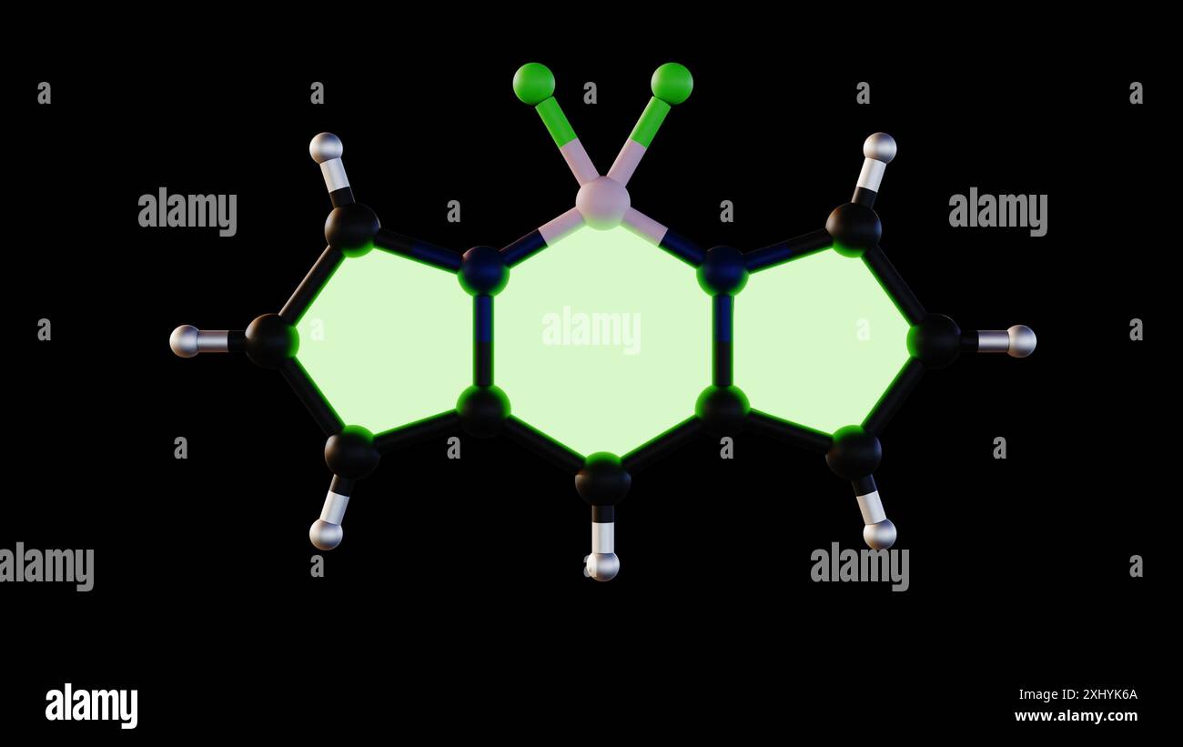 Rendu 3D de BODIPY : un colorant lumineux pour la recherche, brillant pour l'imagerie cellulaire. Banque D'Images