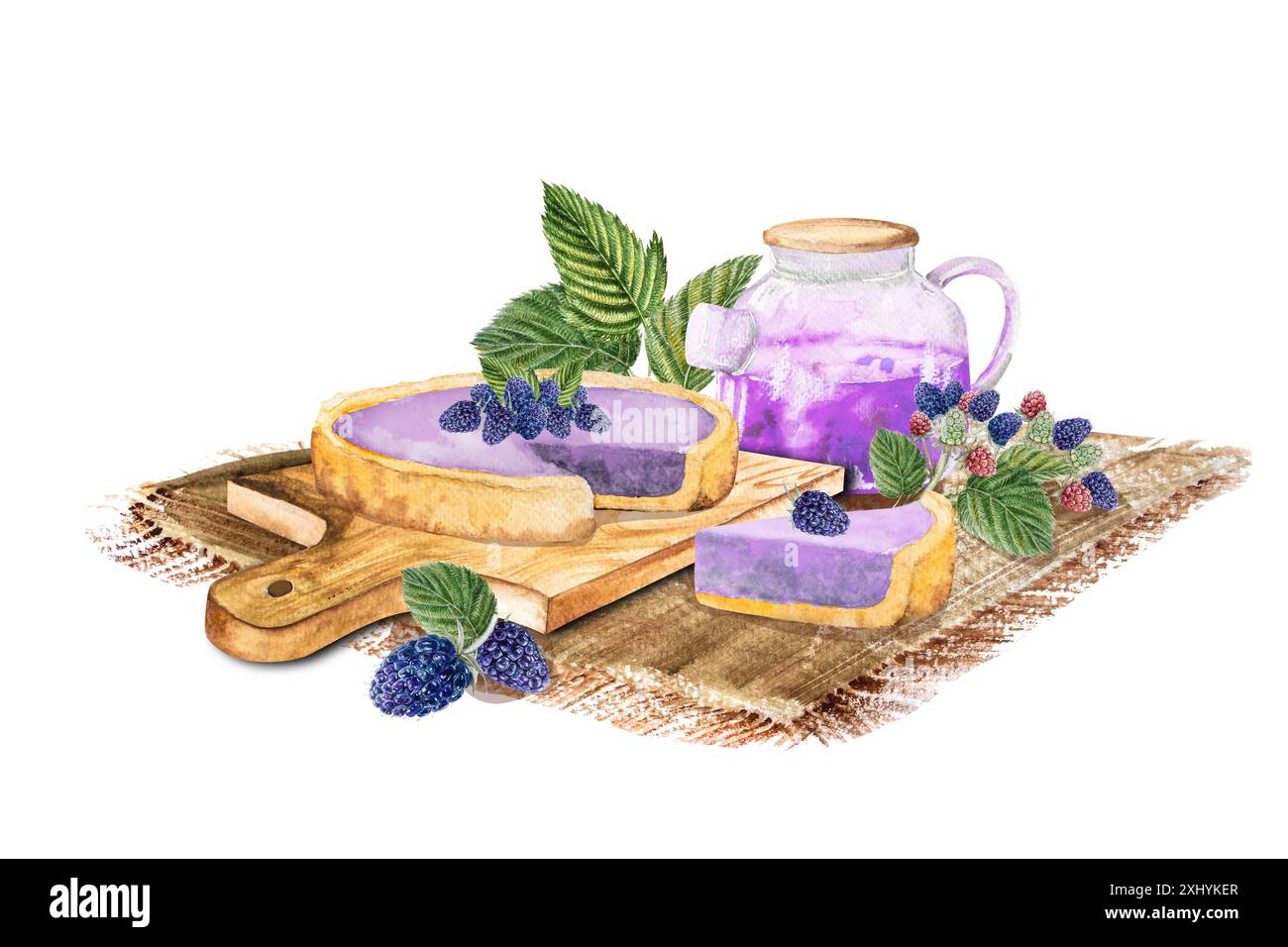 Tarte aux mûres, ensemble avec tarte, thé aux mûres, gâteau, morceau de tarte, illustration à l'aquarelle dessinée à la main du dessert avec des mûres et des feuilles vertes et Banque D'Images