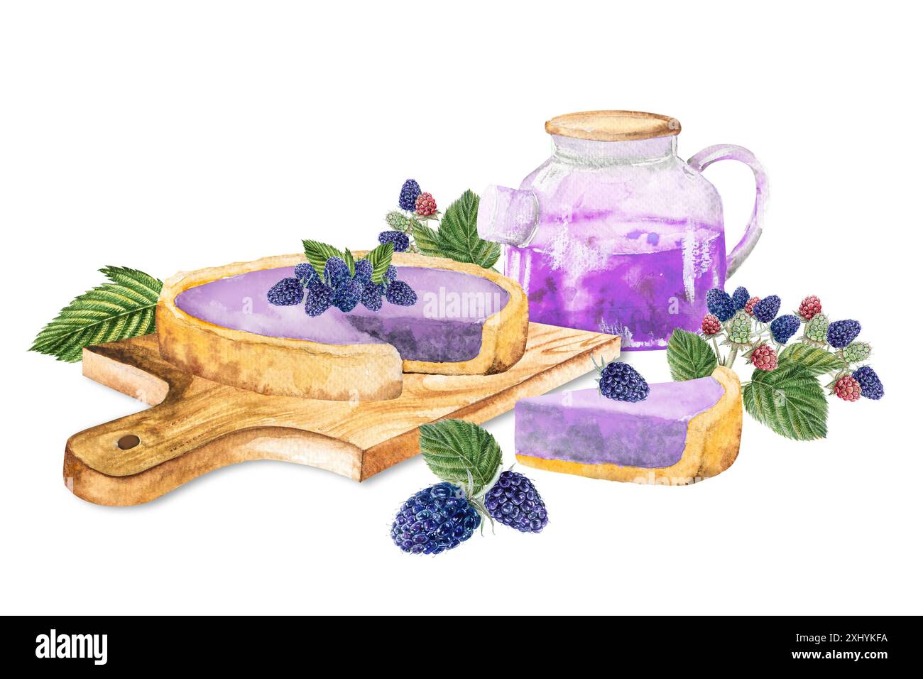 Tarte aux mûres, ensemble avec tarte, thé aux mûres, gâteau, morceau de tarte, illustration à l'aquarelle dessinée à la main du dessert avec des mûres et des feuilles vertes et Banque D'Images