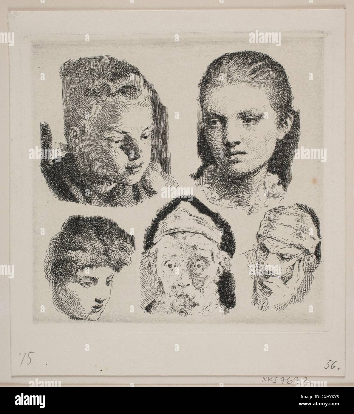 Exemple de plaque : four heads Schwartz, Frans 1850 - 1917 Engraving, Print Fortegnelse over en fuldstændig Samling af Frans Schwartz's Raderinger tilhørende Kunstnerens Dødsbo, Gustav Falck, p. 19, NR. 75, k2003-290, 1917 Prøveplade : Fire Hoveder Banque D'Images