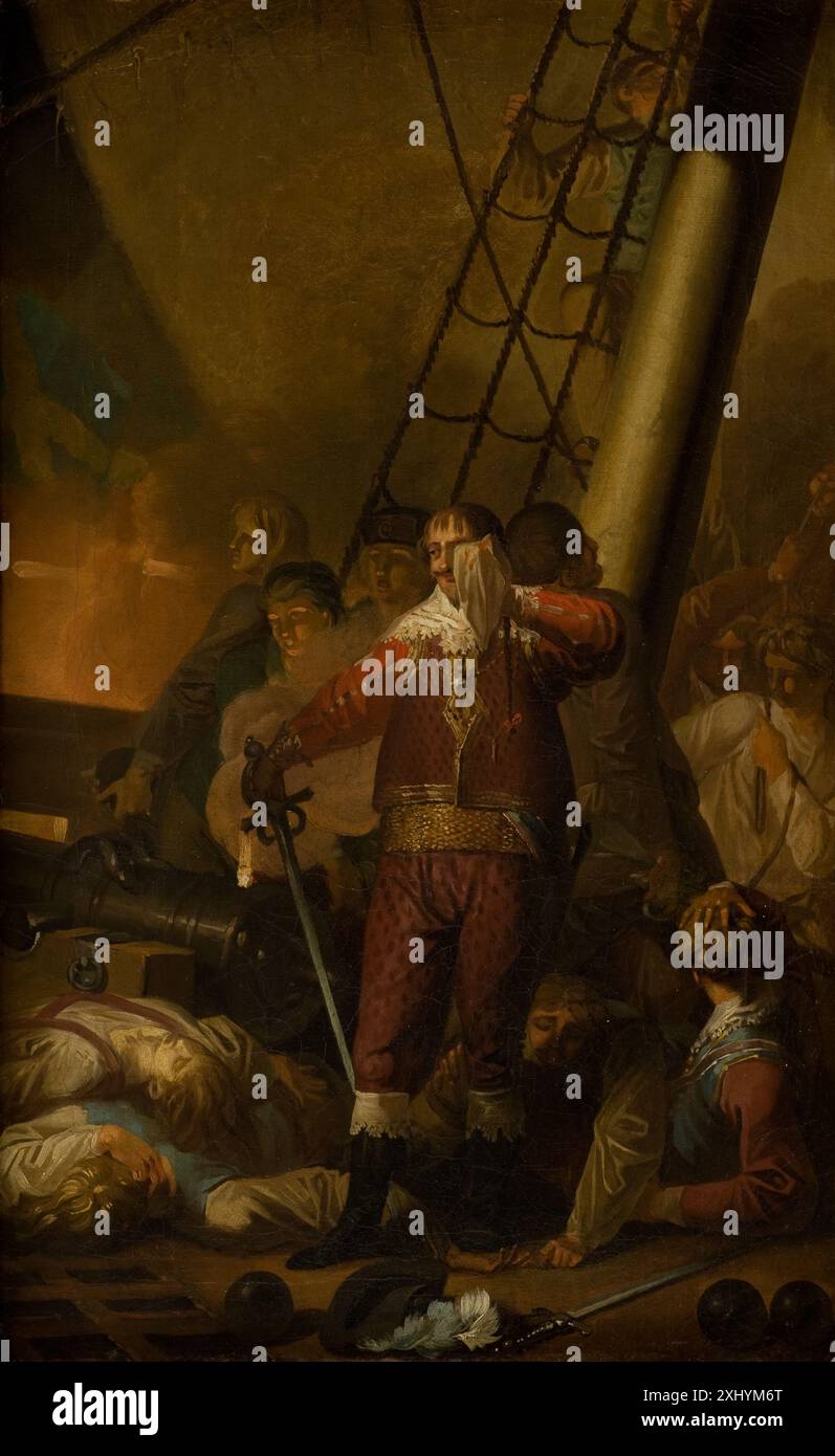 La peinture représente Christian IV à bord de son navire amiral la Trinité, montrant le roi, les marins, le navire, le gréement, et une scène de bataille navale. Banque D'Images