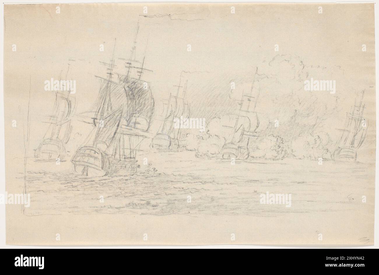 Dessin de C.A. Lorentzen montrant six navires engagés dans une bataille navale, y compris des voiles, des gréements, des canons et des conditions de mer dans des détails réalistes. Banque D'Images