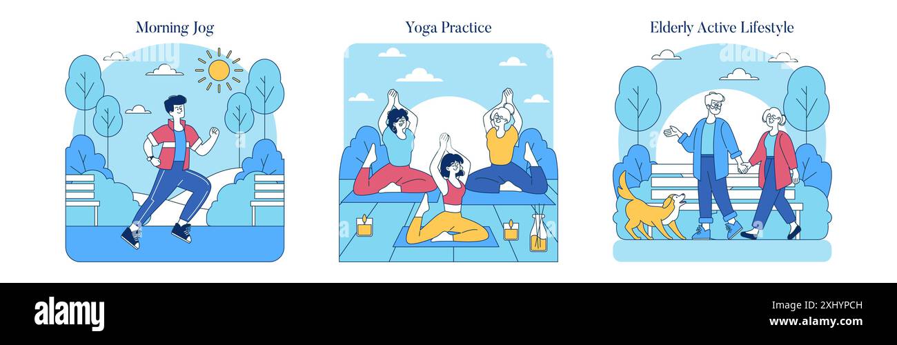 Ensemble mode de vie sain. Activités de fitness en plein air pour différents âges. Jogging matinal, pratique du yoga et marche active des personnes âgées. Illustration vectorielle. Illustration de Vecteur