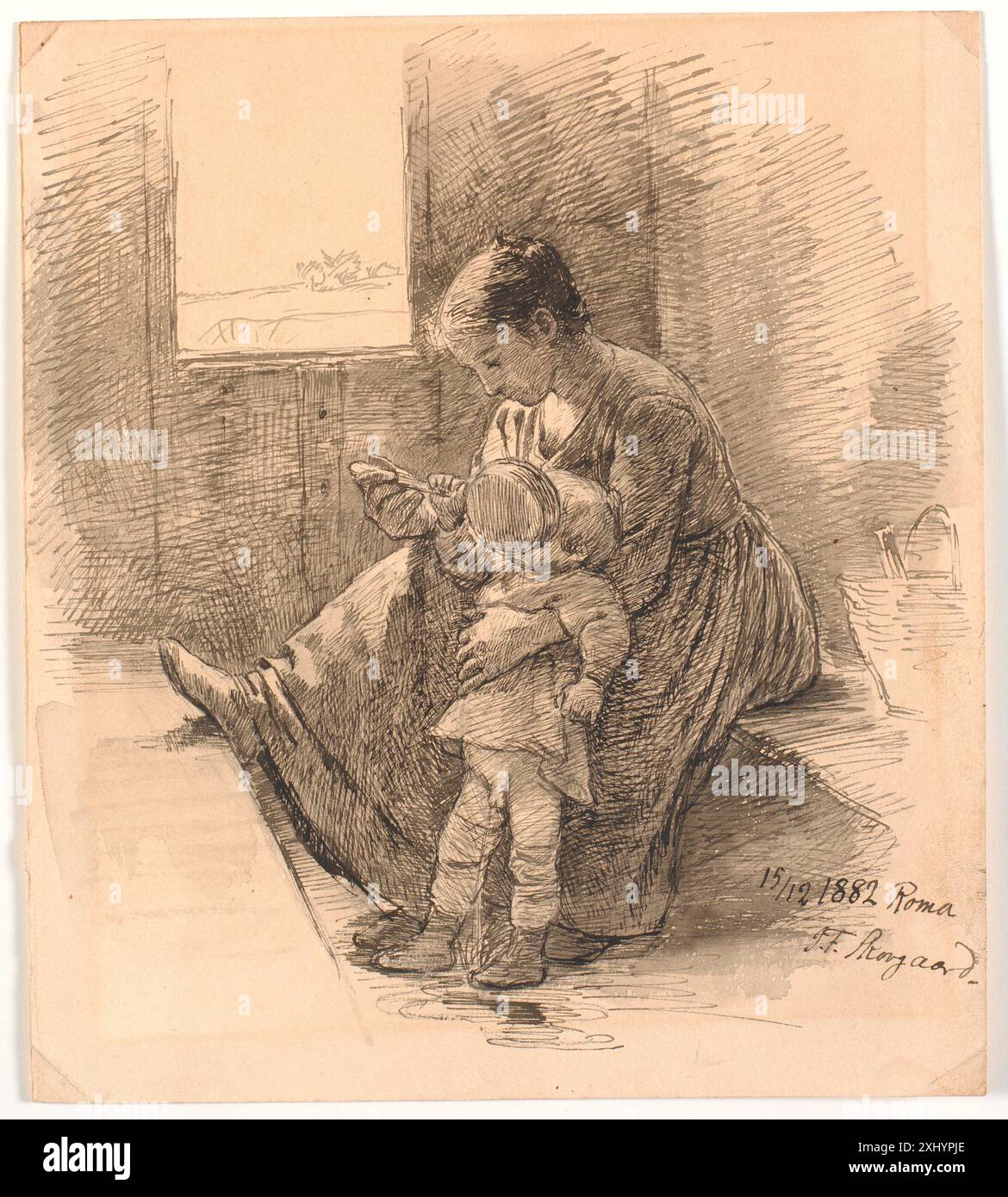 Femme et enfant dans le compartiment ferroviaire Skovgaard, Joakim 1856 - 1933 dessin Kvinde og grange i jernbanekupé Banque D'Images