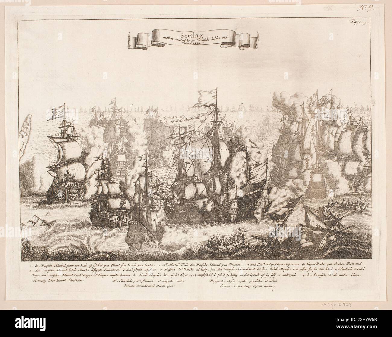 Gravure de Johann Husman (1600-1700) représentant la bataille navale près de Øland en 1564, montrant des navires, des marins, des combats et des manœuvres maritimes au XVIe siècle. Banque D'Images