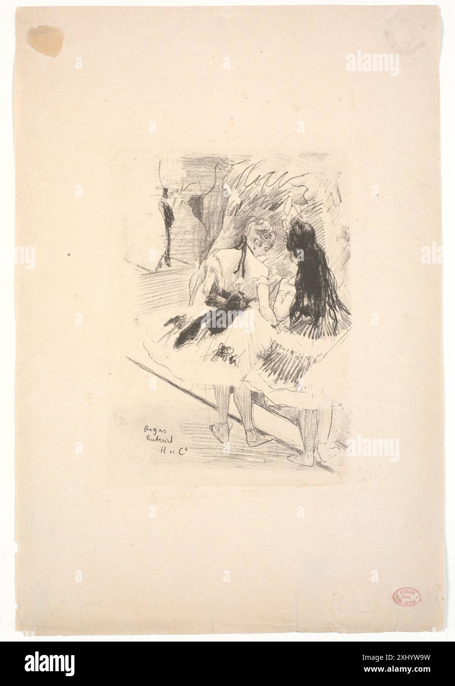 Lithographie d'Edgar Degas montrant une scène dans les coulisses, représentant des interprètes, une mise en scène et des actions préparatoires en coulisses. Banque D'Images