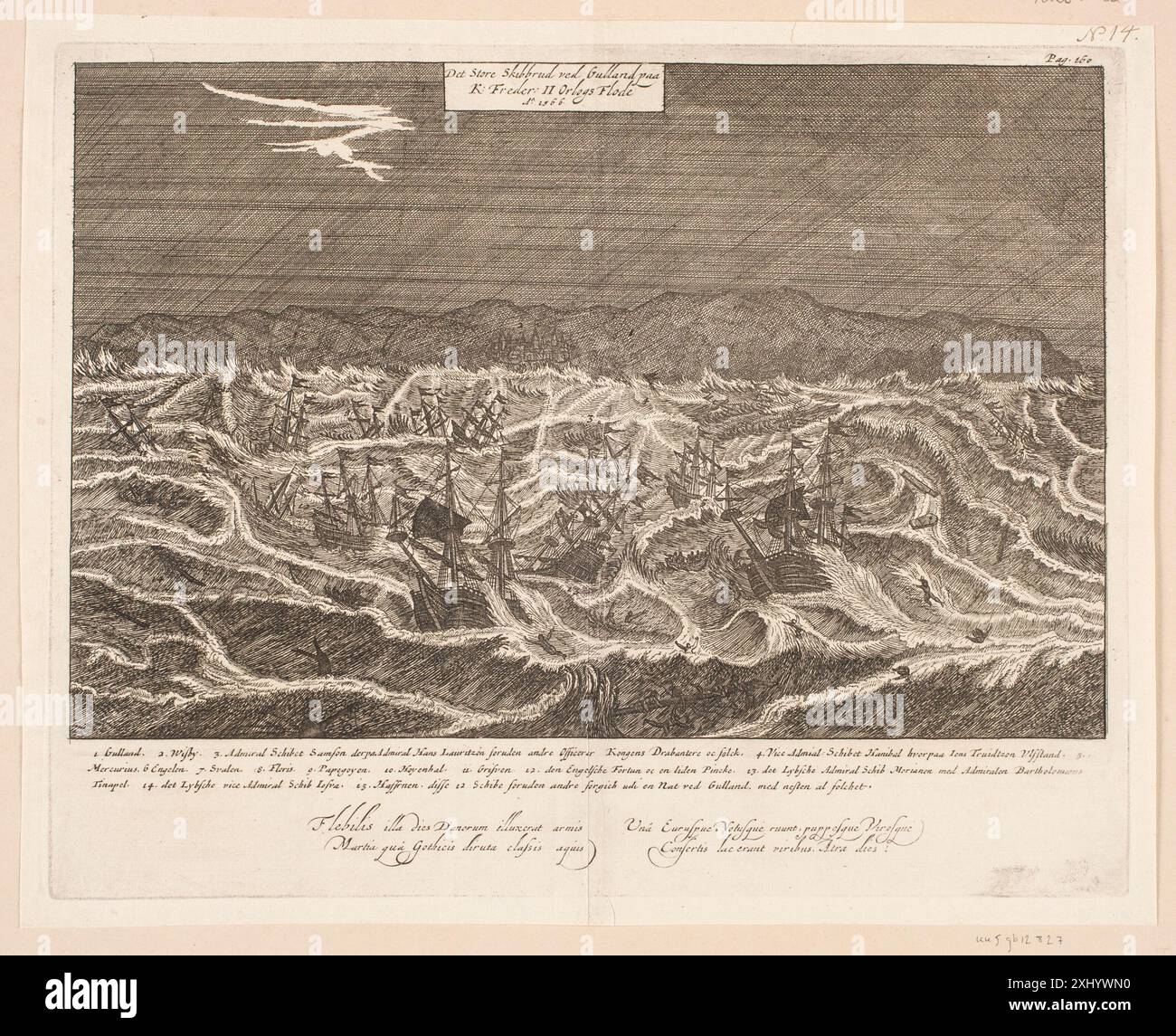 Gravure de Johann Husman montrant le naufrage près de Gulland en 1566, avec des marins en détresse, des navires endommagés, des vagues et des conditions de mer orageuses. Banque D'Images