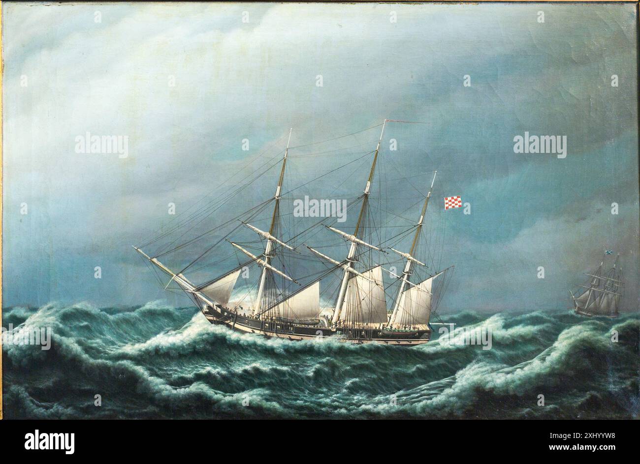 Jacob Petersen (1774-1855) peint deux frégates danoises se signalant dans une tempête, montrant la mer turbulente, les nuages, les mâts, les voiles, et la communication navale de la fin du xviiie au début du xixe siècle. Banque D'Images