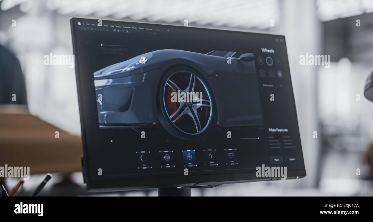 Gros plan écran d'ordinateur avec logiciel de personnalisation 3D pour une voiture prototype. Expérience de jeu pour une personne choisissant différentes options de roue pour une automobile moderne dans un centre de concession de véhicules Banque D'Images