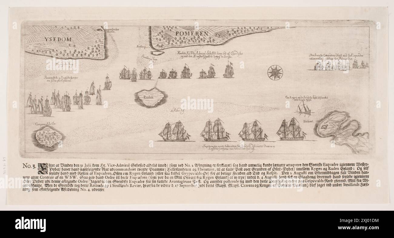 Gravure représentant l'attaque de la marine danoise contre les forces suédoises à Gripswald le 21 juillet 1716, montrant des navires, des formations navales et des combats. Banque D'Images
