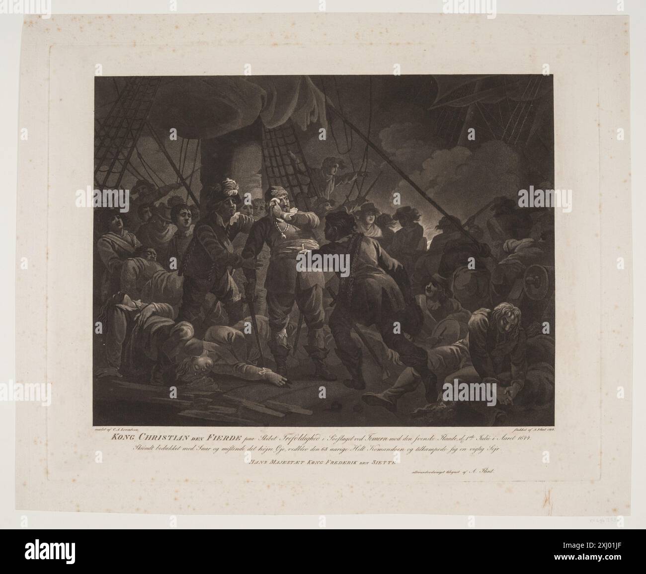 Aquatinte d'Andreas Flint montrant le roi Christian IV sur le navire « la Trinité » pendant la bataille navale de Fehmarn, représentant le roi, le navire et la scène de la bataille maritime. Banque D'Images