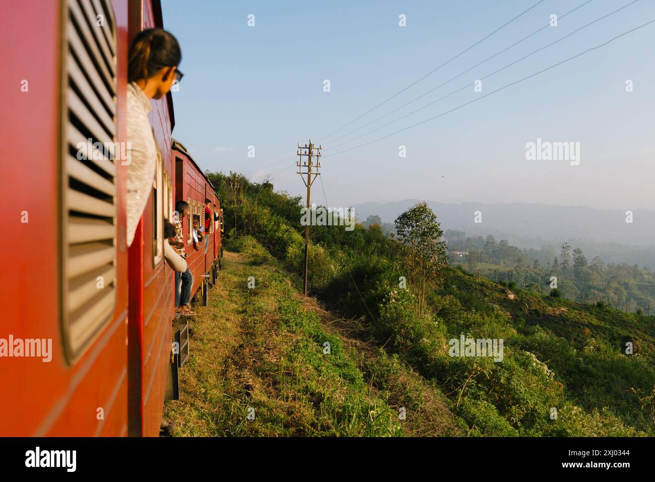 Le train sri-lankais voyage à travers des plantations de thé vert luxuriant avec des arbres lors d'un voyage pittoresque dans la campagne au coucher du soleil. Banque D'Images