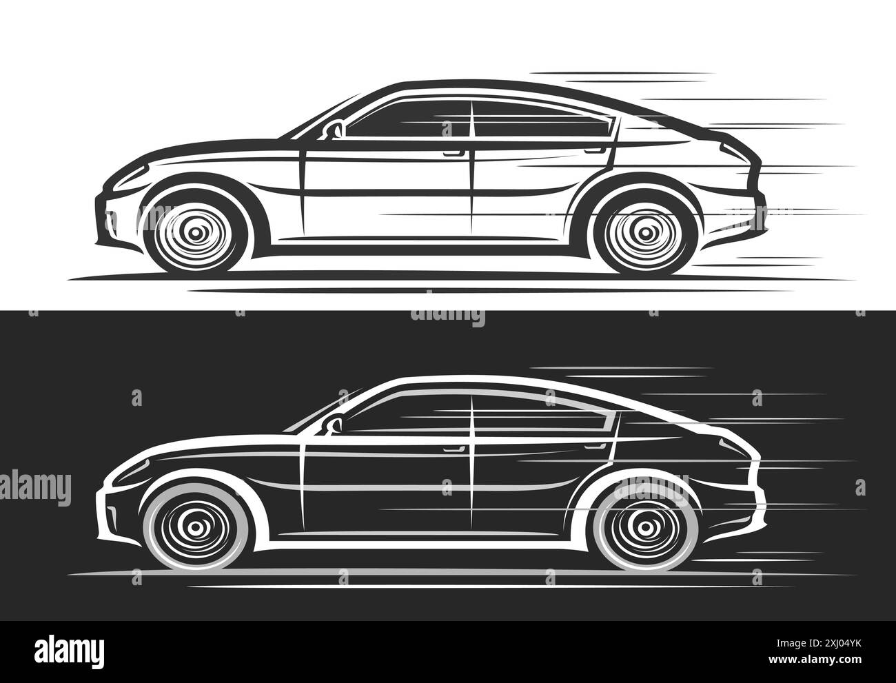 Logo vectoriel pour voiture à hayon, bannières décoratives automobiles avec illustration clipart de voiture concept moderne en mouvement, dessin au trait en cours d'exécution monochrome sp Illustration de Vecteur