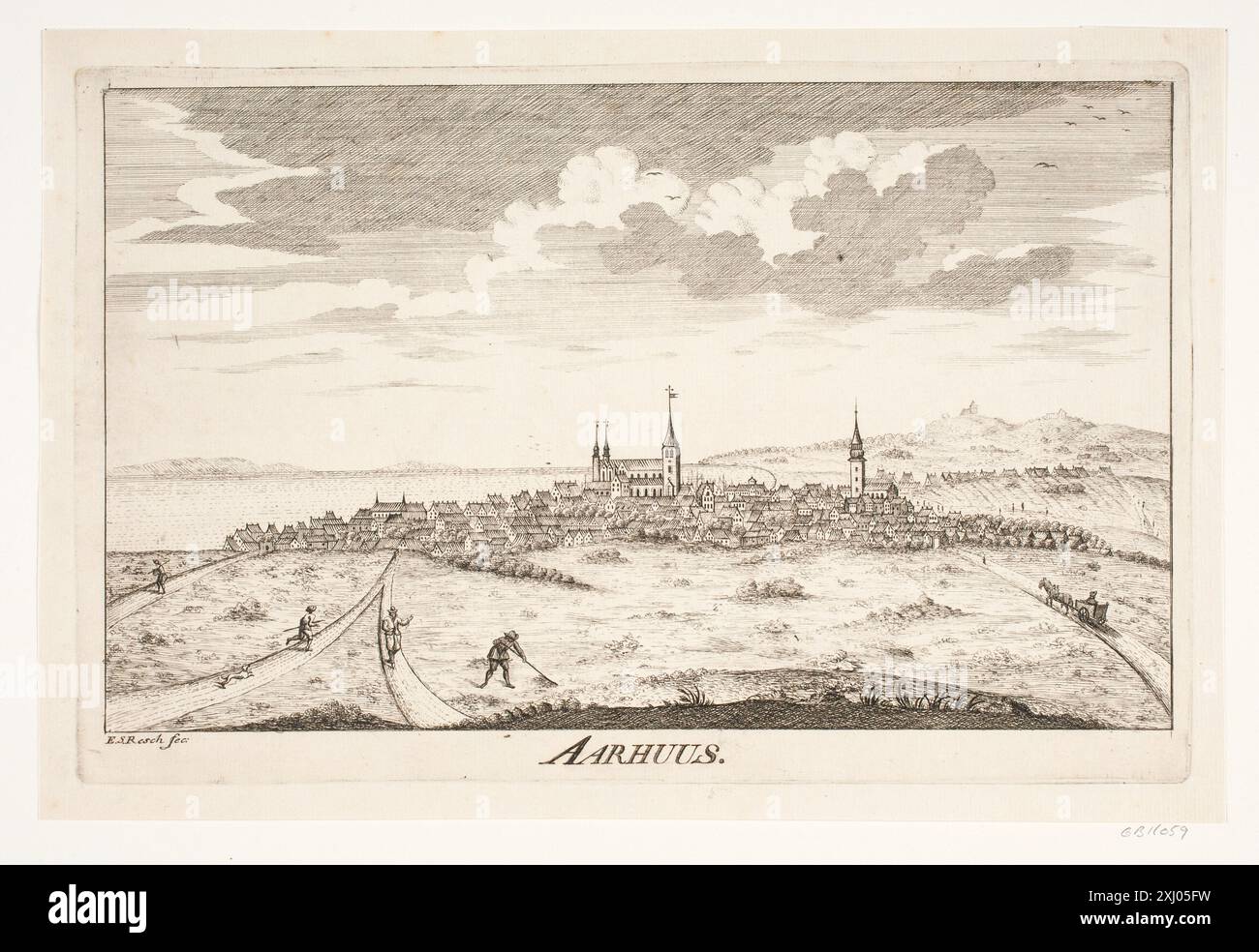 Gravure d'Erasmus Sigismund Resch (1728-1797) montrant une vue détaillée du XVIIIe siècle d'Aarhus, Danemark. L'estampe capture l'architecture de la ville et la topographie typique des gravures urbaines d'époque. Banque D'Images