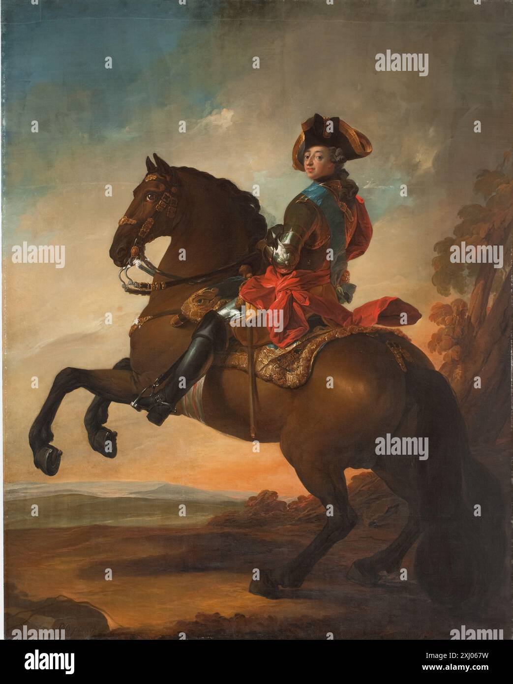 Frederik V on Horseback Pilo, C.G. 1711 - 1793 Painting Rokokoens Portrætmaleri i Danmark, Christian Elling, p. 30, afb., NR. 29 (s/h), 12169, 1935. Carl Gustaf Pilo : och hans förhållande till den samtida porträttkonsten i Sverige och Danmark, Osvald Sirén, pp. 73-6, 1753, 1902. Statsporträttets idé hos C. G. Pilo : Frederik V-porträtten, Anitra GADOLIN, pp. 27-9, afb. p. 29 (s/h), 33807. Carl Gustaf Pilo i Danmark : utställning i Nationalmuseum 1985, Carl Gustaf Pilo, p. 32, aff. p. 33 (s/h), 86-91, 1985. FRA rokoko til guldalder : NY dansk kunsthistorie, bd. 3, Henrik Bramsen, p. 49, conf. (s/h) Banque D'Images