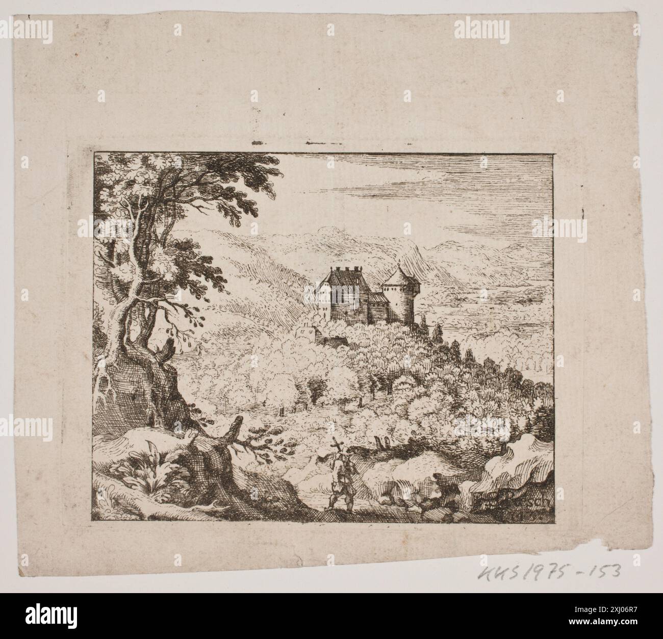Gravure d'Erasmus Sigismond Resch (1728-1797) représentant un paysage montagneux avec un château et un homme qui marche. L'œuvre reflète l'art paysager du XVIIIe siècle et une gravure topographique détaillée. Banque D'Images