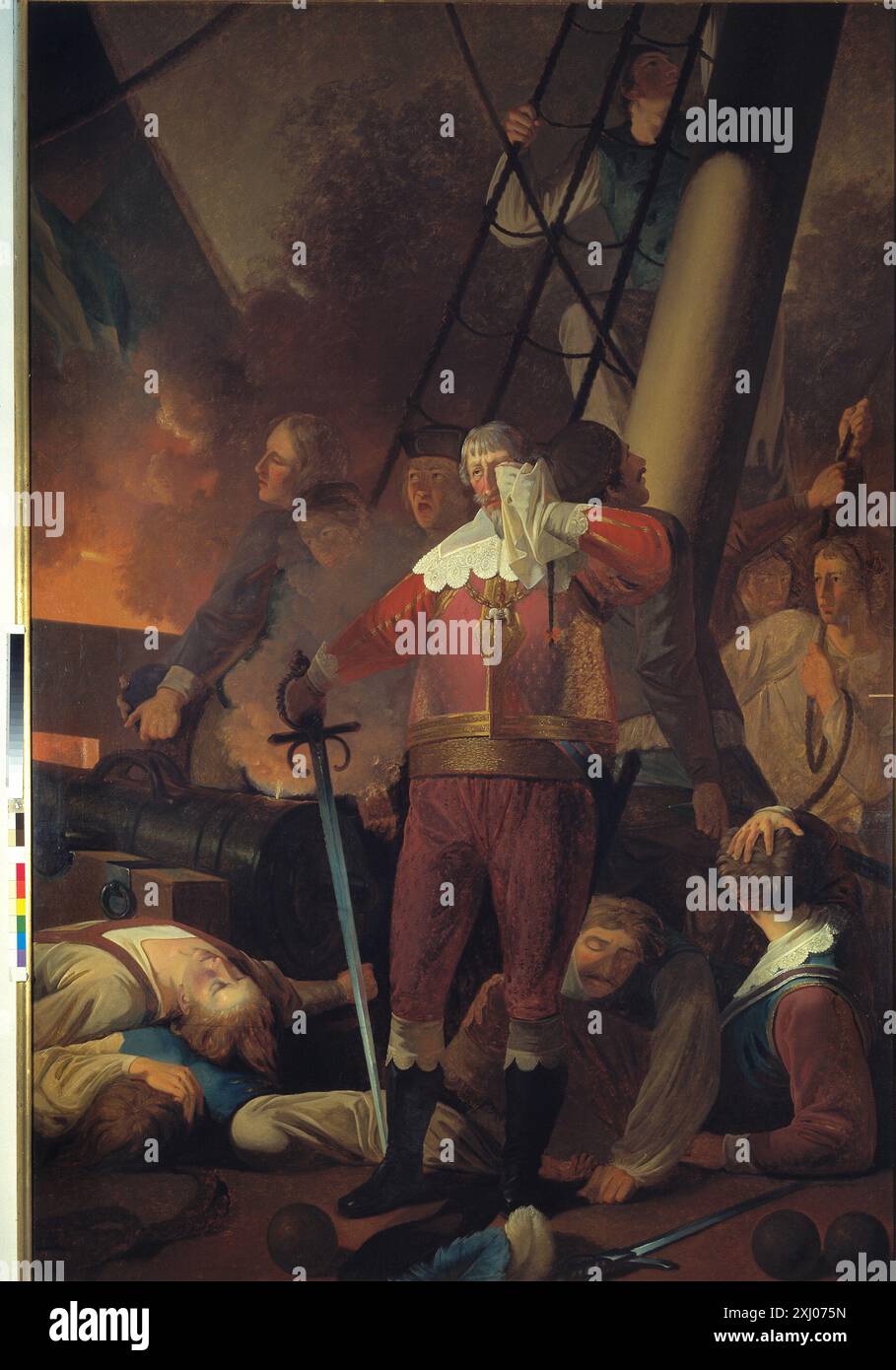 Peinture de Wilhelm Bendz représentant Christian IV sur le navire Trinity pendant la bataille de Koldberger Heide en 1644, montrant l'action navale, les soldats et le navire, créé au XIXe siècle. Banque D'Images