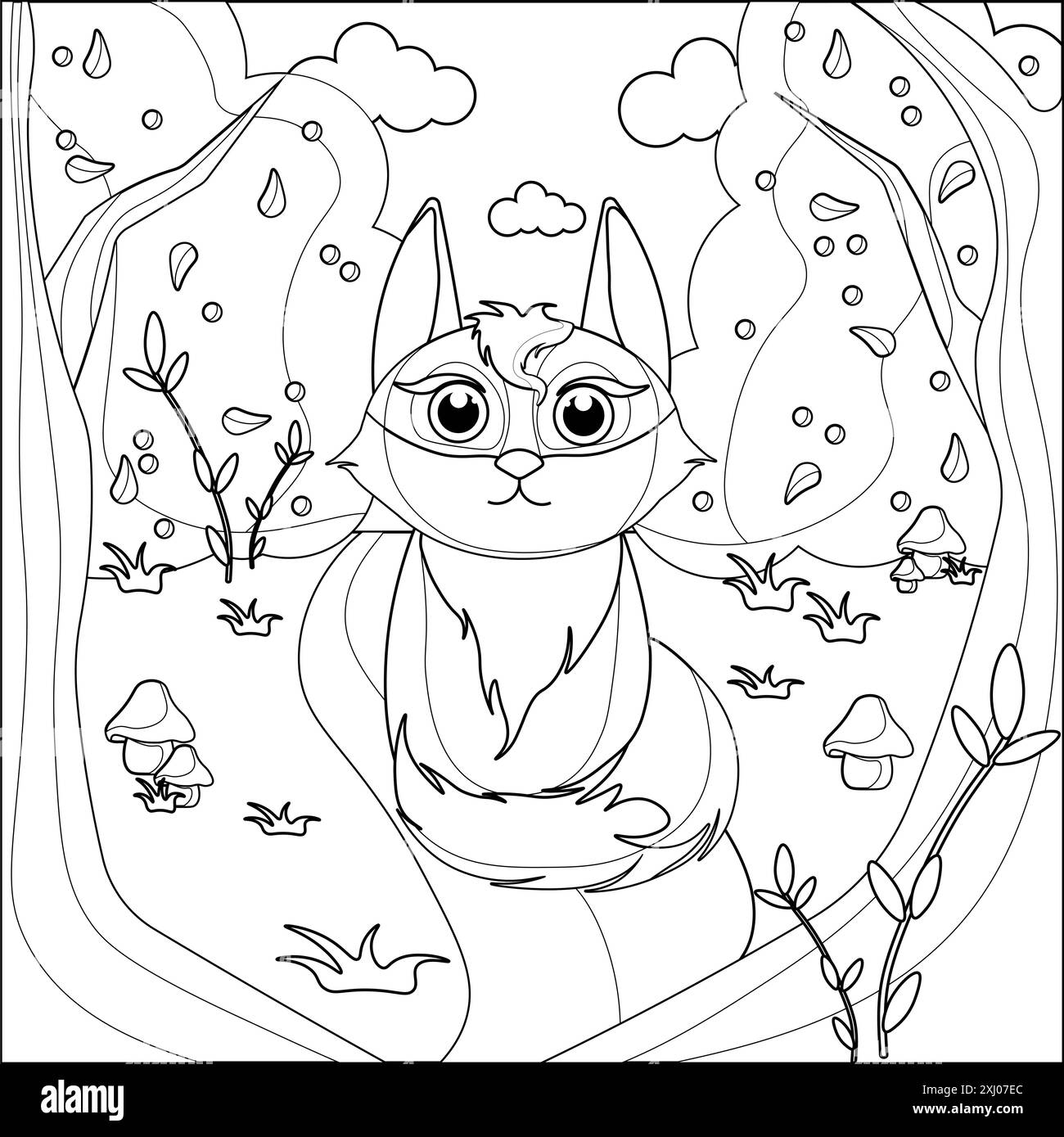Coloriage pour enfants et adultes. Livre à colorier sirène. Personnage de renard mignon dans l'illustration de bande dessinée de forêt. Flore et faune, nature. Contour de dessin animé Banque D'Images
