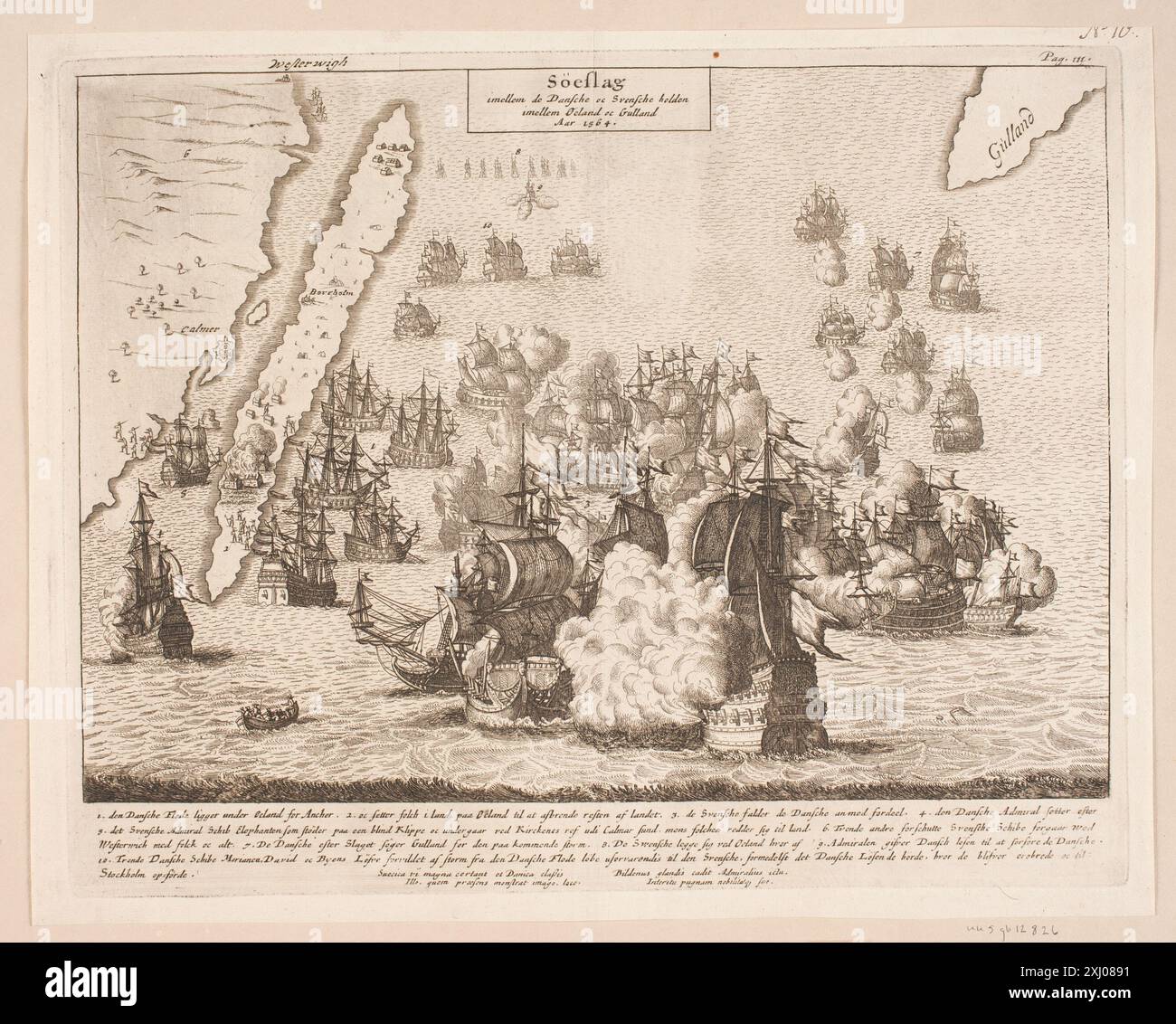 Gravure de Johann Husman illustrant les batailles navales combinées près de Øland et Gulland en 1564, représentant des navires, des marins, des combats et la guerre maritime du XVIe siècle. Banque D'Images