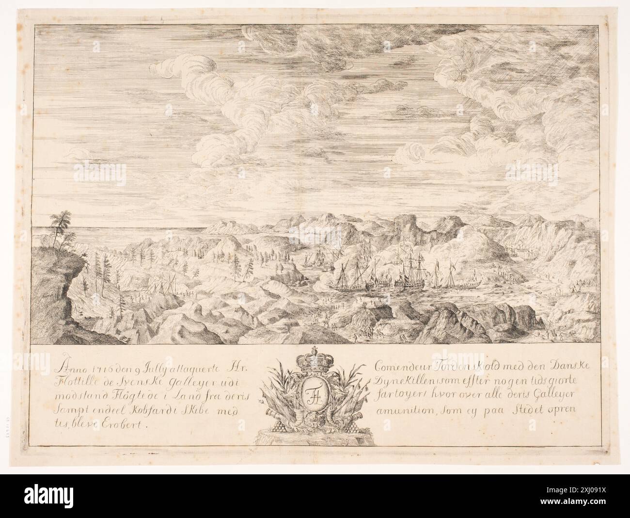 Une gravure d'un artiste danois inconnu représentant l'attaque navale de Tordenskjold à Dynekilden le 9 juillet 1716, montrant des navires, des formations et des actions. Banque D'Images