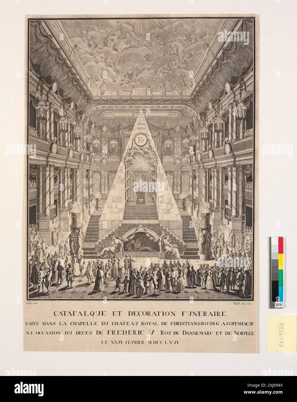 Katafalk in Christiansborg Castle Church at Frederik V's Death Bradt, J.G. 1741 - 1770, jardin, Nicolas-Henri 1720 - 1799 gravure sur cuivre, impression Samlinger til en beskrivende Fortegnelse over danske kobberstik, raderinger, illustrationer M. M., Frederik G. Krohn, Nr. 664, p. 81, 29315. NY dansk Kunsthistorie, Ubekendt, Bind 3 (Fra rokkoko til guldalder) ved Henrik Bramsen, art. 35, d 22097, 1993-1996. København før og nu - og aldrig : en billed-kavalkade om København inden for voldene og søerne, Bo Bramsen, Bd. 1, afb. P. 59, d 22318:1-12, COP. 1987-1993 Katafalk i Christiansborgs Slotskirke ved Banque D'Images