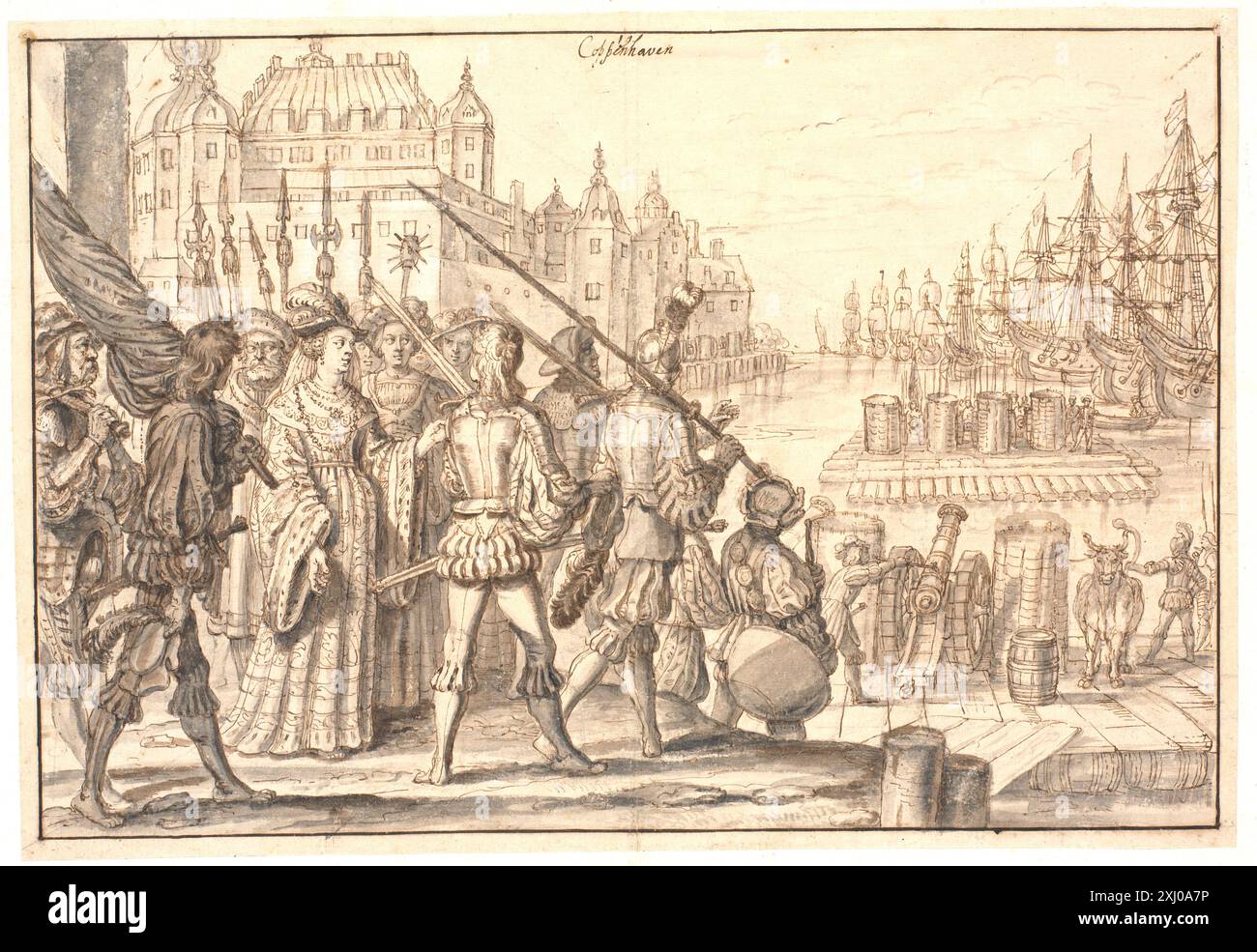 The Kronborg Series passe (II), Crispijn de 1594 - 1670 dessin Bidrag til dansk kunsthistorie, F. R. Friis, p. 198, 1090, 1890-1891. Christiansborg Slot 1-2, Kristian Hvidt, p. 61, fig. 51, 39430, 1975. La série Kronborg : King Christian IV and his Pictures of Early Danish Story, H. D. Schepelern, p. 92 NR. 35, 53194, 1988. Danmarks dronninger : fra Danebod til Dorothea, Birgit Jenvold, Cat. 59, p. 88, ill. P. 44., ka2000-074, 2000 la série Kronborg Banque D'Images