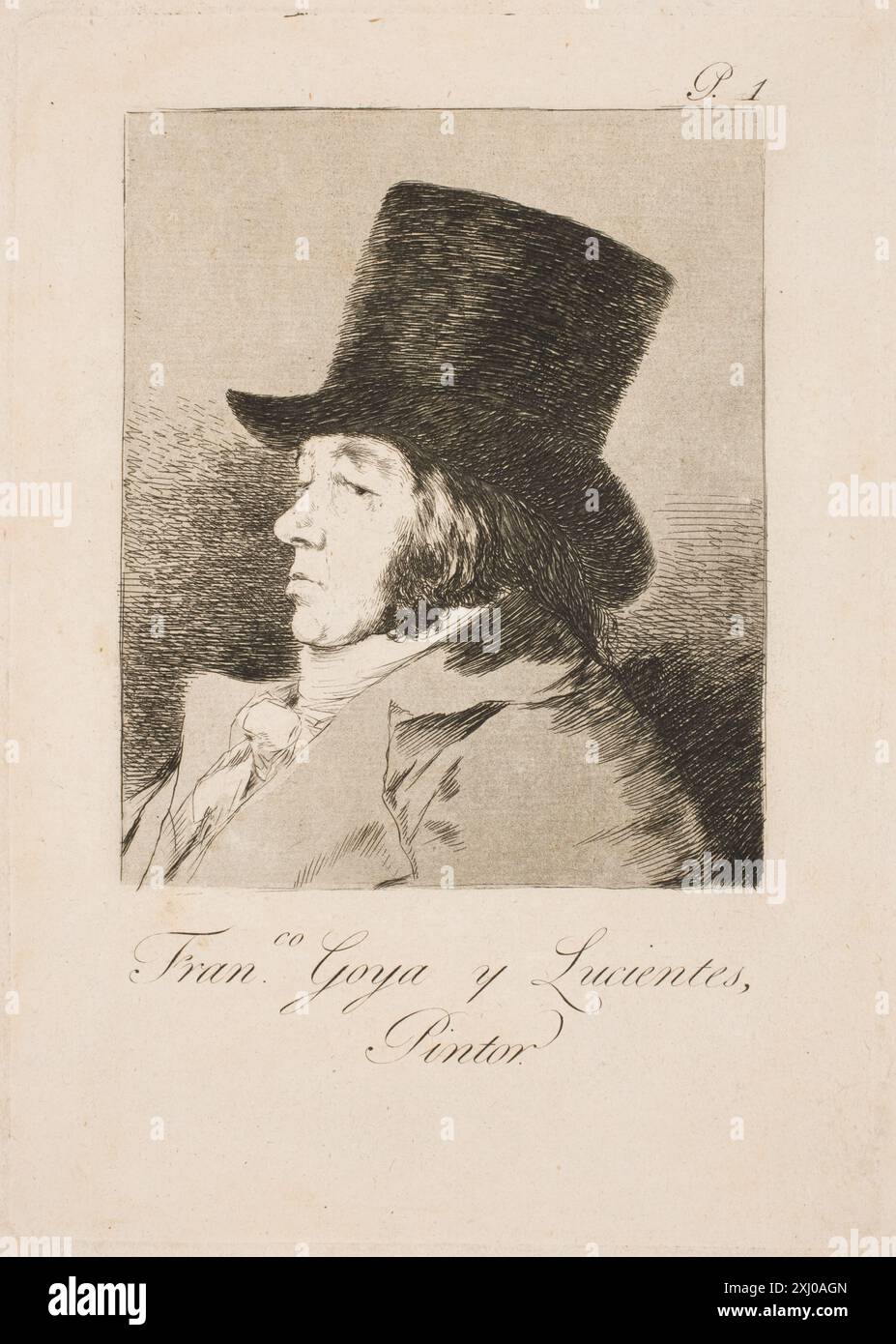Gravure de Francisco de Goya représentant un autoportrait, mettant en évidence les traits du visage et l'expression de l'artiste. Banque D'Images